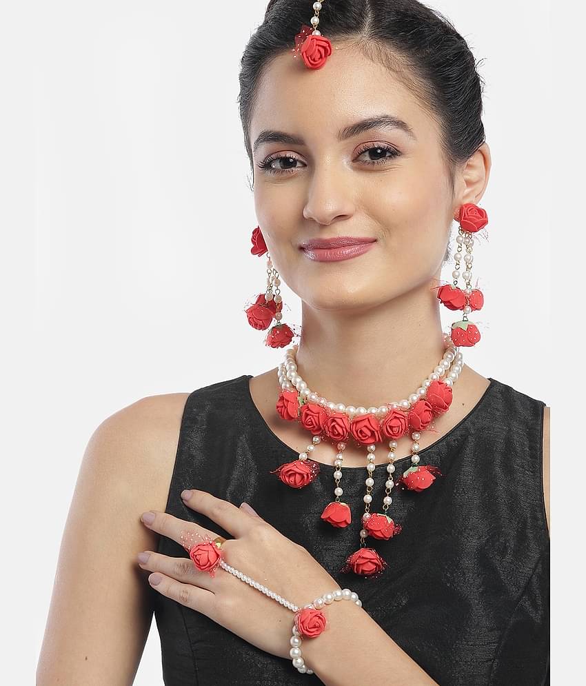 YOUBELLA Red Pearls Necklace Set ( Pack of 1 )