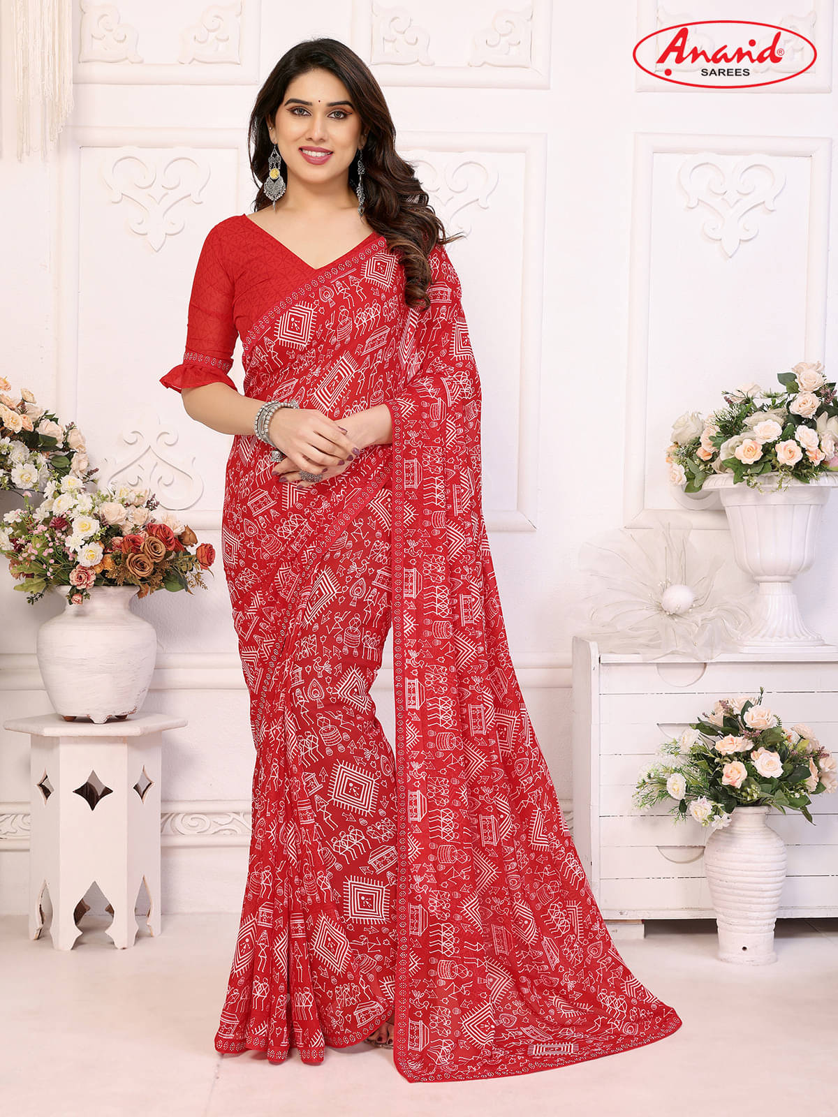 ANAND SAREES Georgette Embellished Ilkal Saree With Unstitched Blouse Piece ( Red )     			ANAND SAREES Georgette Embellished Ilkal Saree With Unstitched Blouse Piece ( Red )