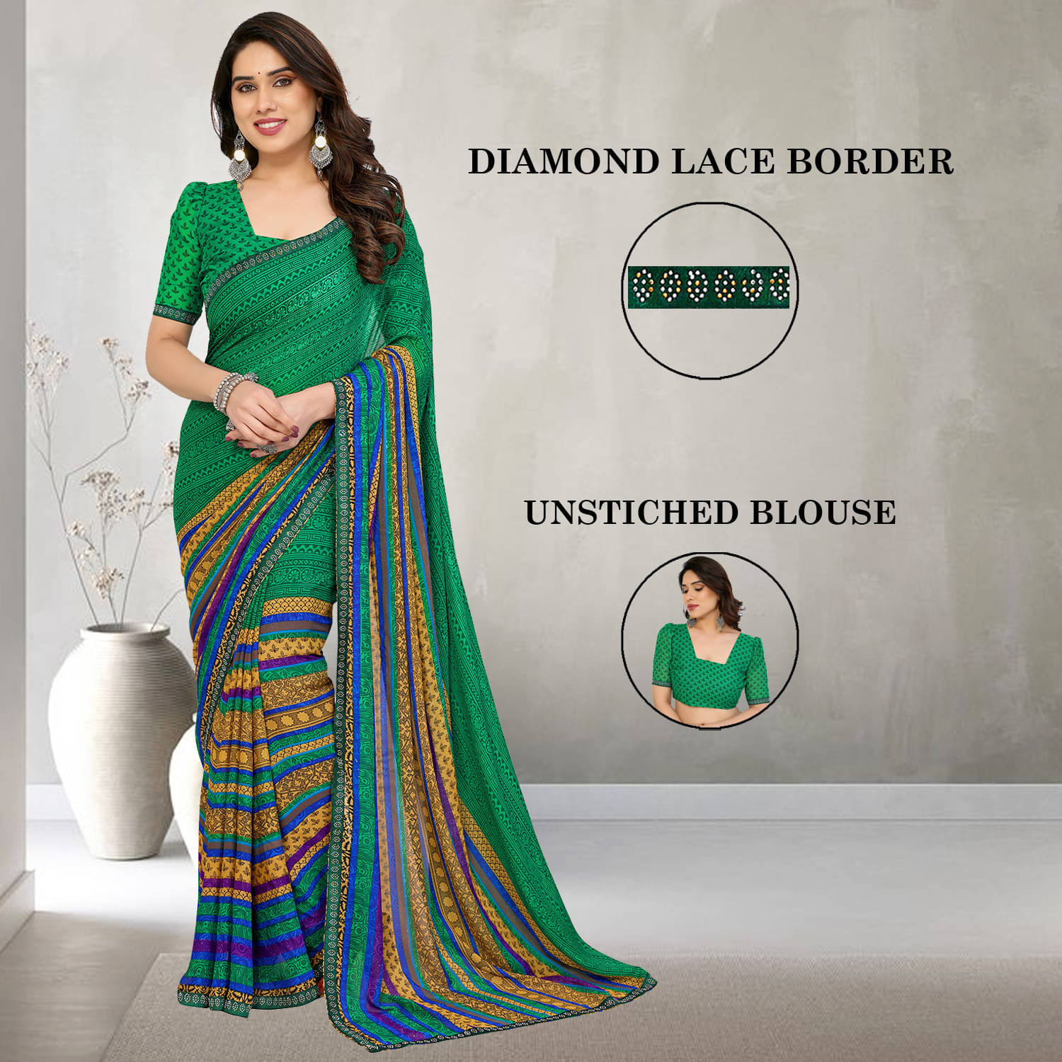 ANAND SAREES Georgette Embellished Ilkal Saree With Unstitched Blouse Piece ( Green ) ANAND SAREES Georgette Embellished Ilkal Saree With Unstitched Blouse Piece ( Green )