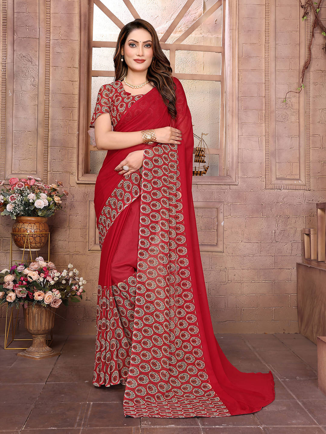 ANAND SAREES Georgette Printed Ilkal Saree With Unstitched Blouse Piece ( Red ) ANAND SAREES Georgette Printed Ilkal Saree With Unstitched Blouse Piece ( Red )
