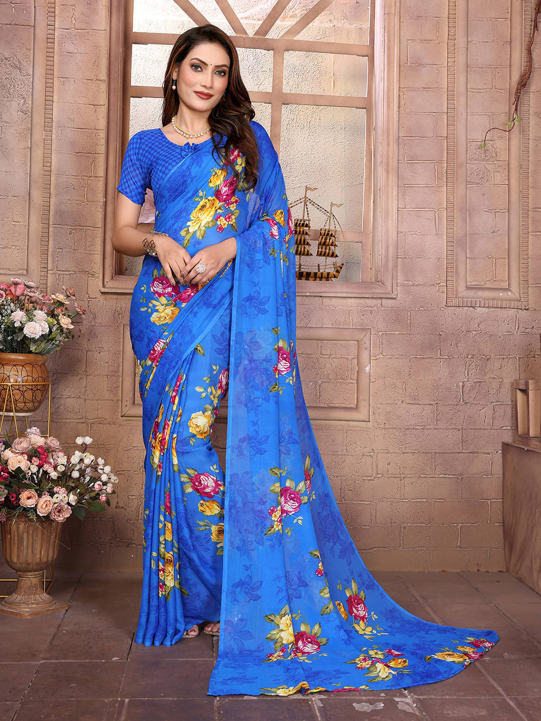 ANAND SAREES Georgette Printed Ilkal Saree With Unstitched Blouse Piece ( Blue ) ANAND SAREES Georgette Printed Ilkal Saree With Unstitched Blouse Piece ( Blue )