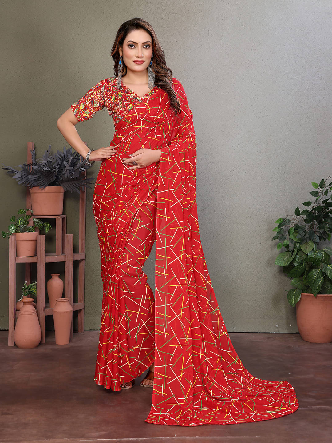 ANAND SAREES Georgette Printed Ilkal Saree With Unstitched Blouse Piece ( Red ) ANAND SAREES Georgette Printed Ilkal Saree With Unstitched Blouse Piece ( Red )
