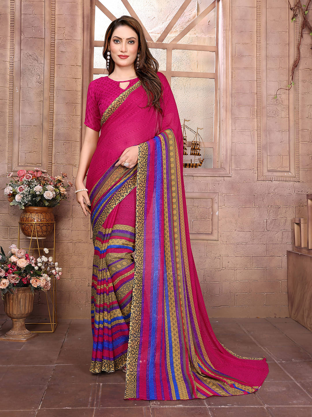 ANAND SAREES Georgette Printed Ilkal Saree With Unstitched Blouse Piece ( Pink ) ANAND SAREES Georgette Printed Ilkal Saree With Unstitched Blouse Piece ( Pink )