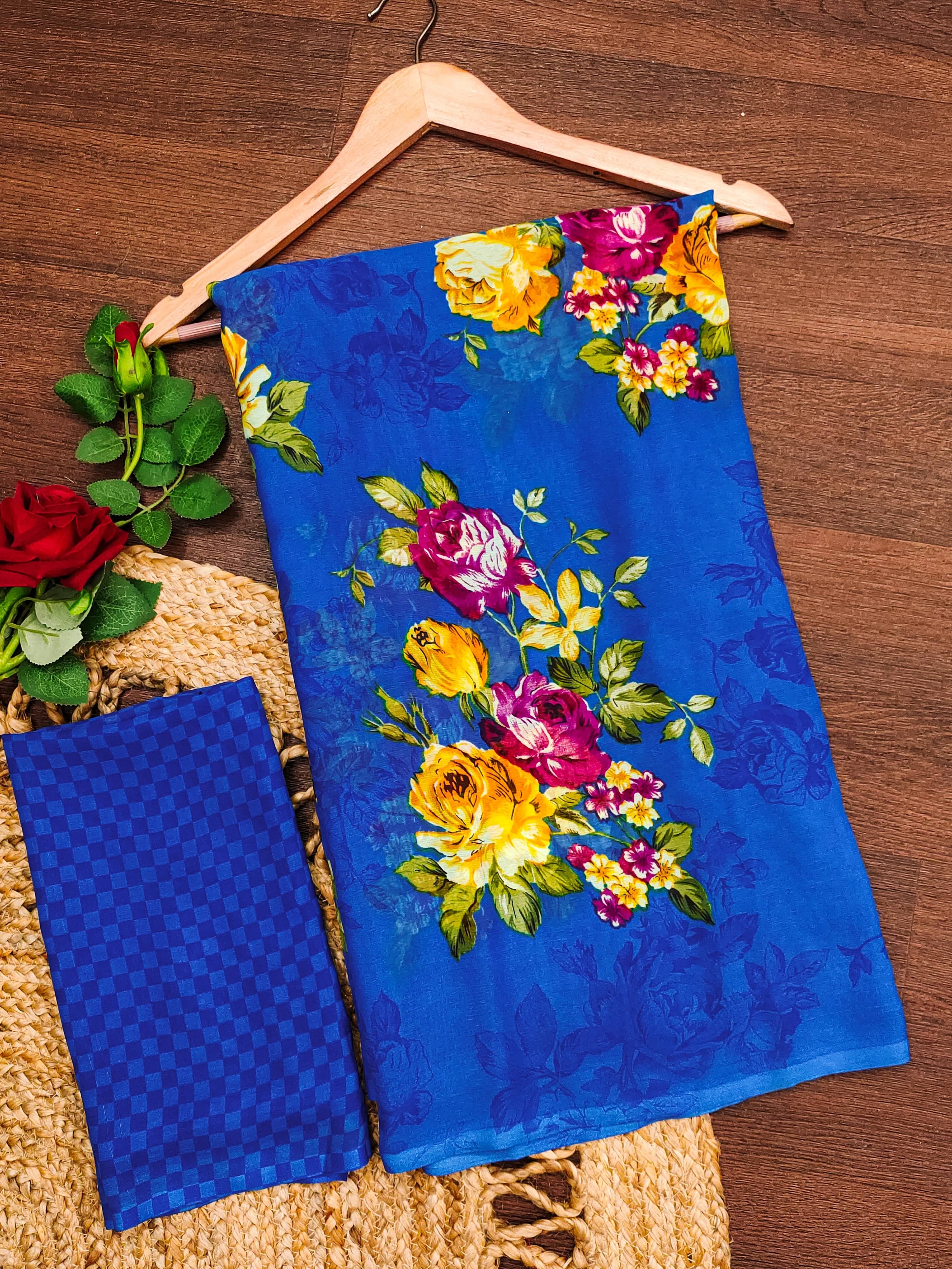 ANAND SAREES Georgette Printed Ilkal Saree With Unstitched Blouse Piece ( Blue )     			ANAND SAREES Georgette Printed Ilkal Saree With Unstitched Blouse Piece ( Blue )
