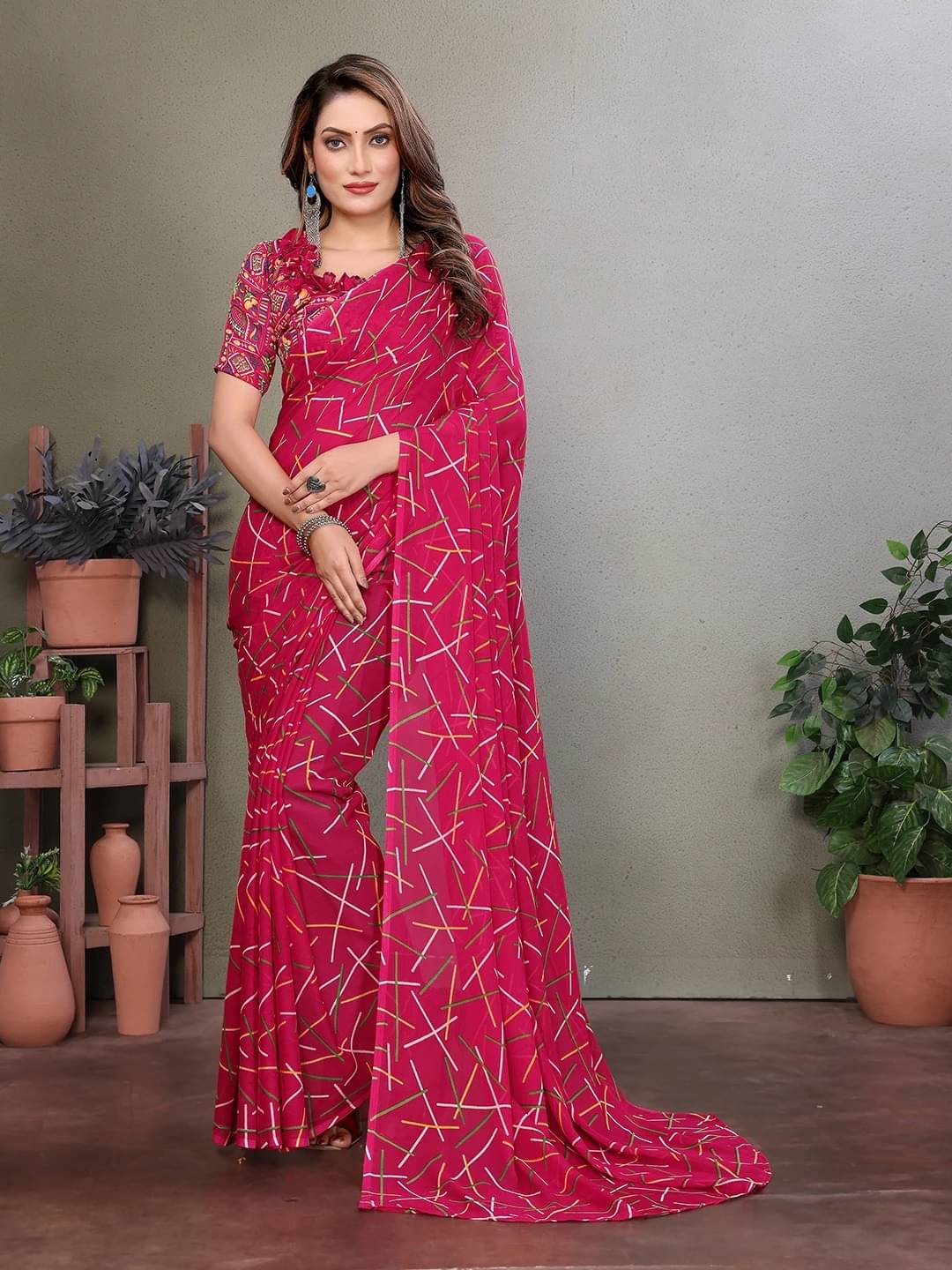     			ANAND SAREES Georgette Printed Ilkal Saree With Unstitched Blouse Piece ( Pink )