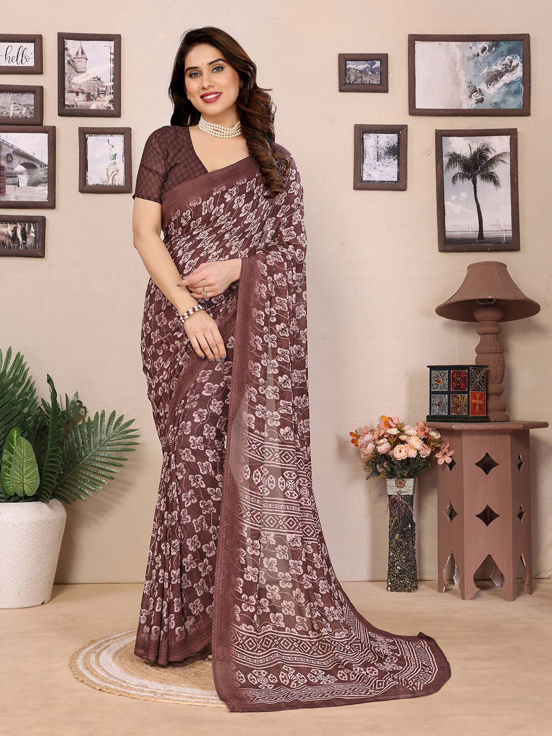 ANAND SAREES Georgette Printed Ilkal Saree With Unstitched Blouse Piece ( Brown ) ANAND SAREES Georgette Printed Ilkal Saree With Unstitched Blouse Piece ( Brown )