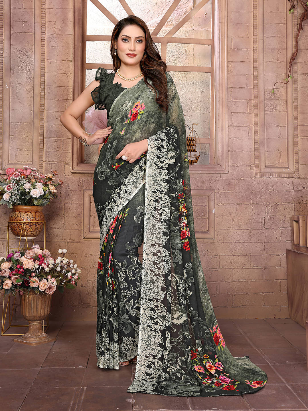 ANAND SAREES Georgette Printed Ilkal Saree With Unstitched Blouse Piece ( Green ) ANAND SAREES Georgette Printed Ilkal Saree With Unstitched Blouse Piece ( Green )