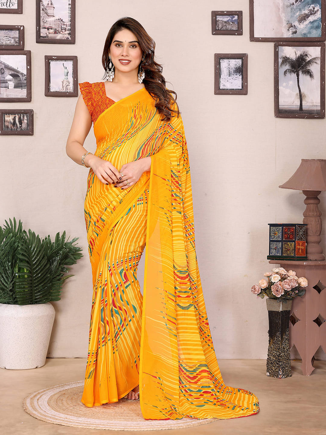     			ANAND SAREES Georgette Printed Ilkal Saree With Unstitched Blouse Piece ( Yellow )