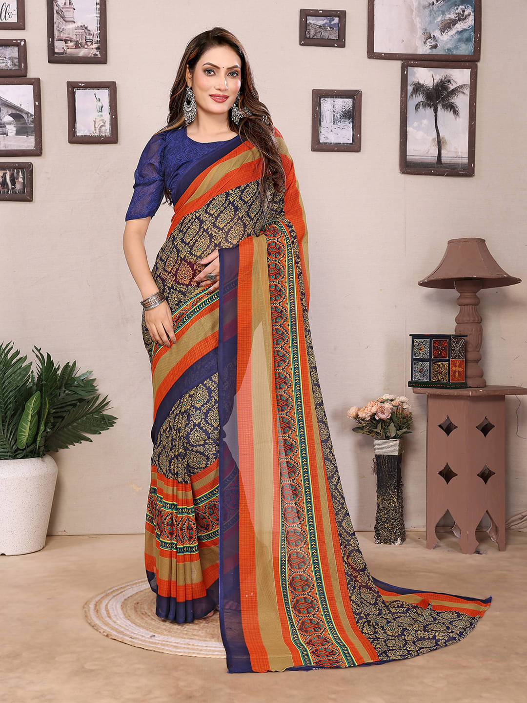 ANAND SAREES Georgette Printed Ilkal Saree With Unstitched Blouse Piece ( Multicolor ) ANAND SAREES Georgette Printed Ilkal Saree With Unstitched Blouse Piece ( Multicolor )