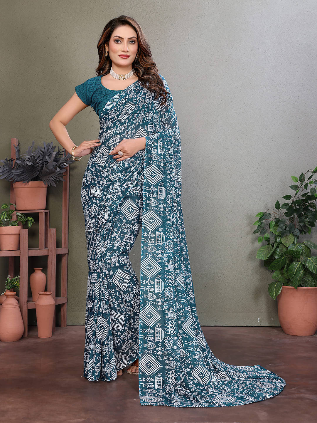     			ANAND SAREES Georgette Printed Ilkal Saree With Unstitched Blouse Piece ( Green )