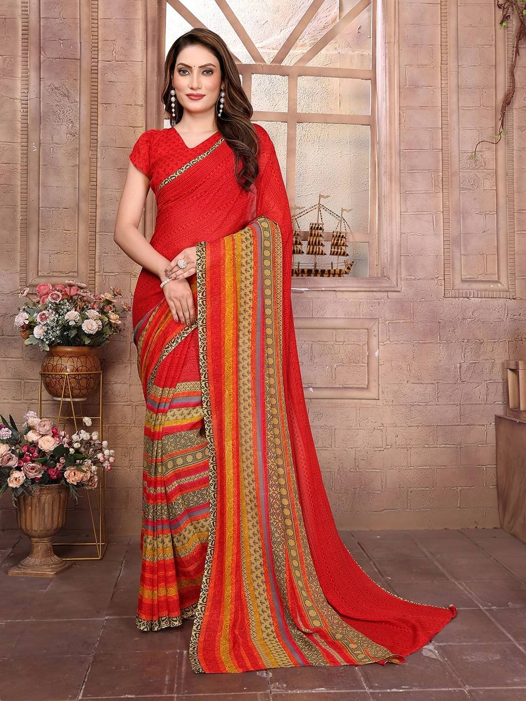 ANAND SAREES Georgette Printed Ilkal Saree With Unstitched Blouse Piece ( Red ) ANAND SAREES Georgette Printed Ilkal Saree With Unstitched Blouse Piece ( Red )