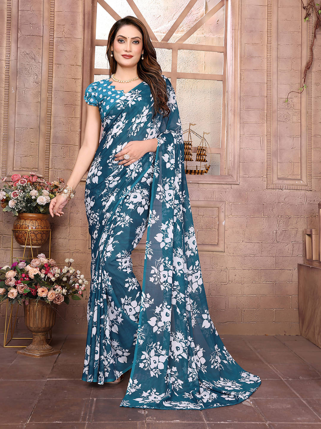 ANAND SAREES Georgette Printed Ilkal Saree With Unstitched Blouse Piece ( Blue ) ANAND SAREES Georgette Printed Ilkal Saree With Unstitched Blouse Piece ( Blue )