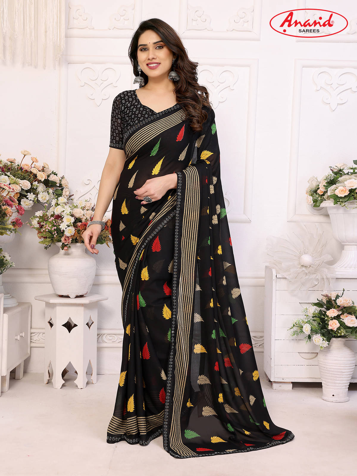     			ANAND SAREES Georgette Printed Ilkal Saree With Unstitched Blouse Piece ( Black )