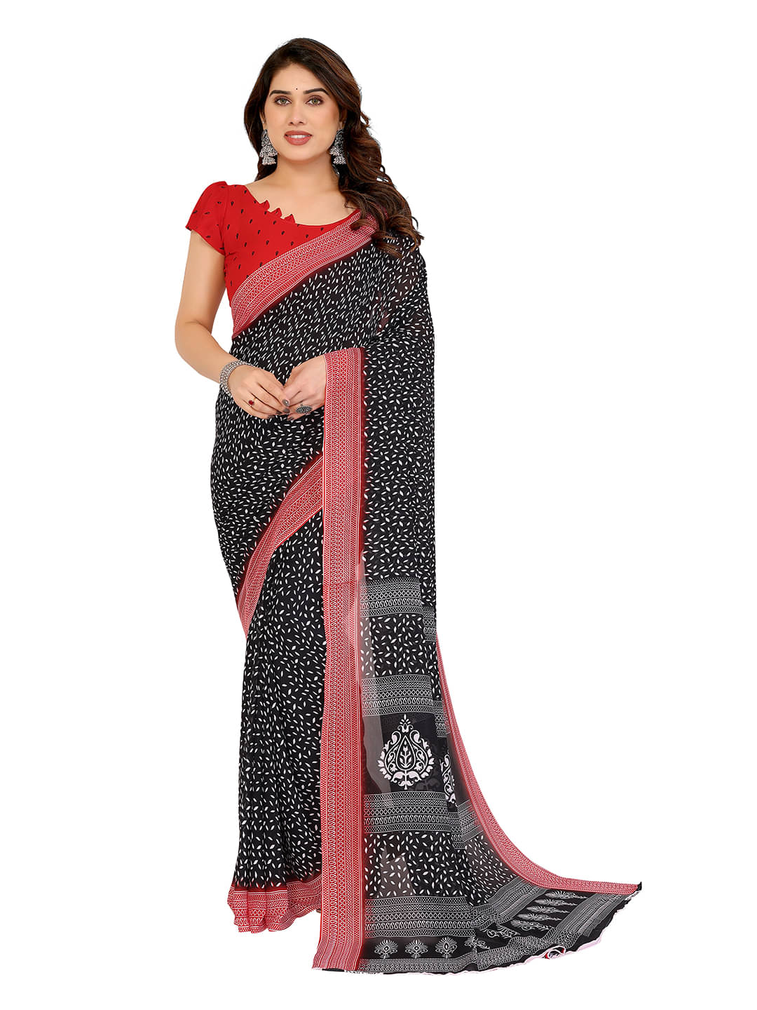 ANAND SAREES Georgette Printed Kasavu Saree With Unstitched Blouse Piece ( Black ) ANAND SAREES Georgette Printed Kasavu Saree With Unstitched Blouse Piece ( Black )
