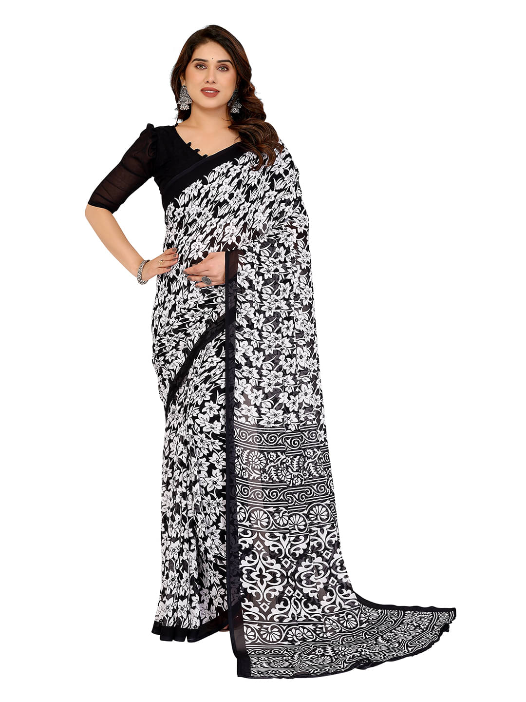     			ANAND SAREES Georgette Printed Kasavu Saree With Unstitched Blouse Piece ( Black )