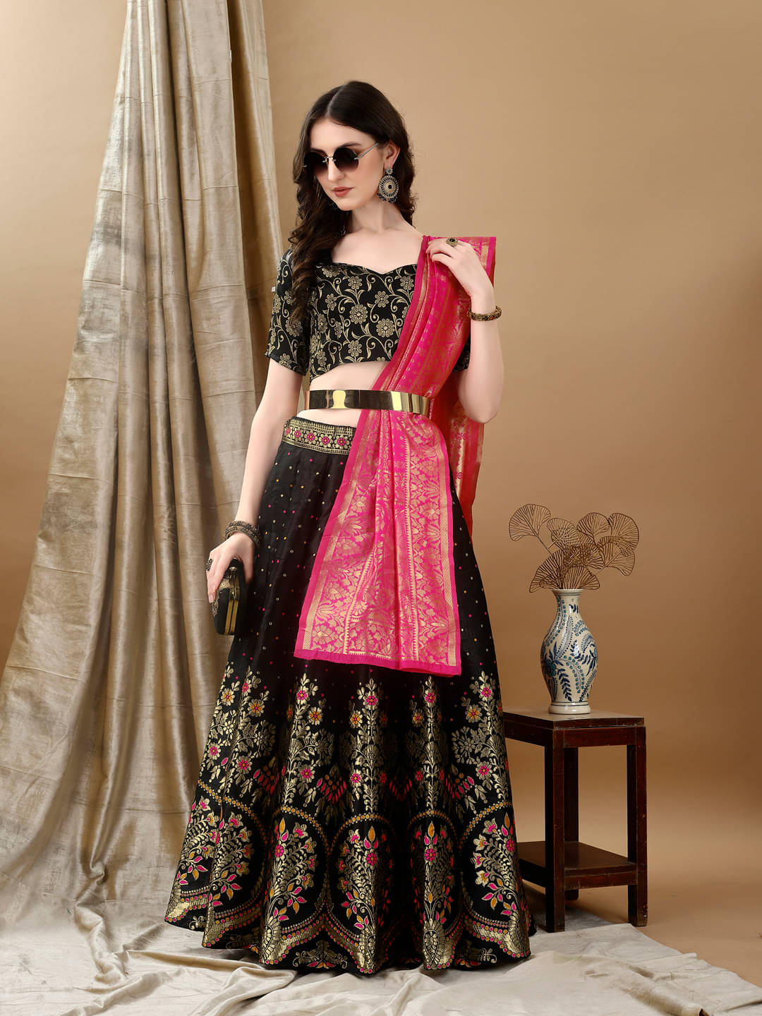     			Aika Black Art Silk Chaniya Choli Stitched Lehenga Single