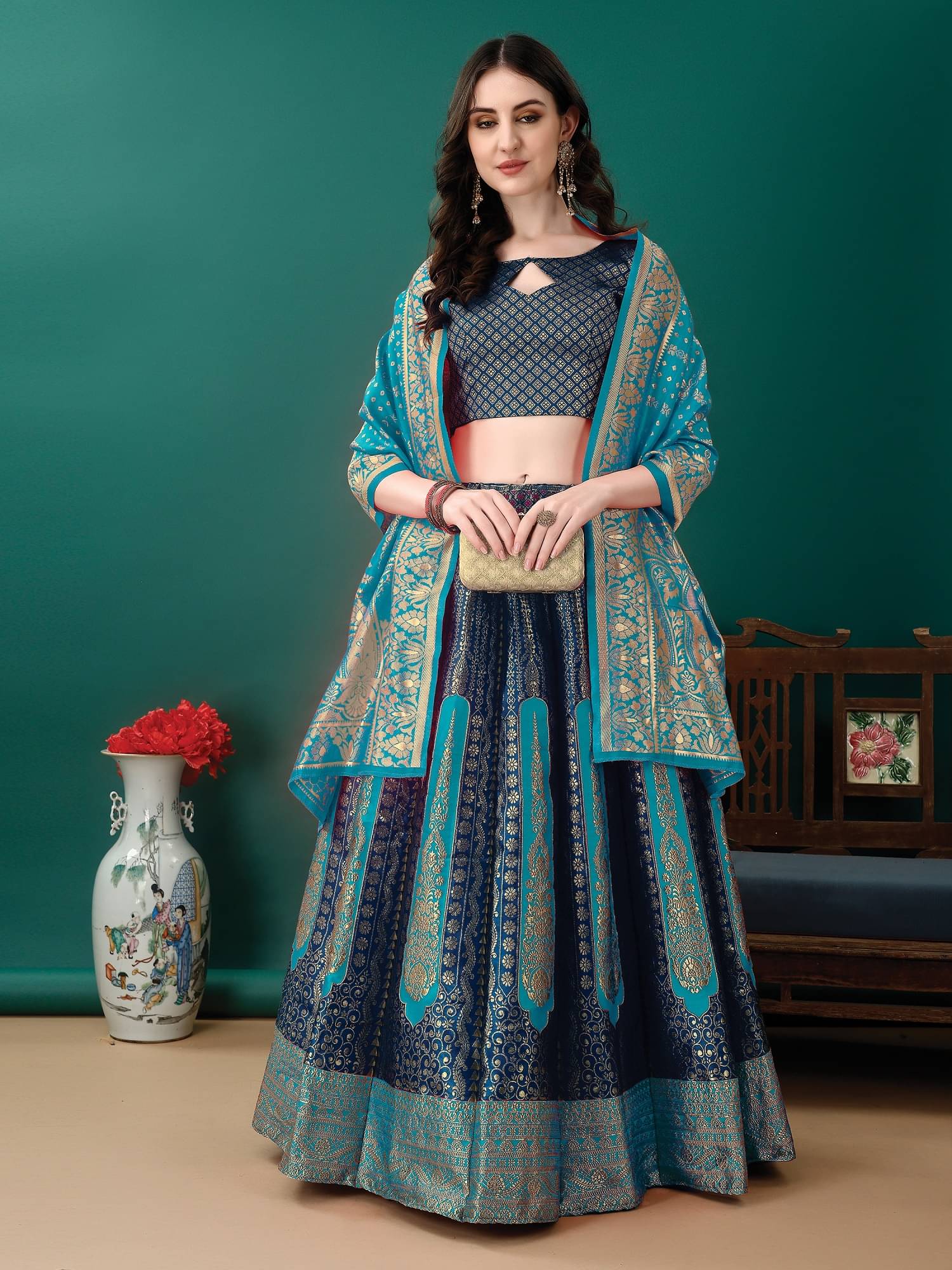 Aika Navy Art Silk Chaniya Choli Stitched Lehenga Single     			Aika Navy Art Silk Chaniya Choli Stitched Lehenga Single