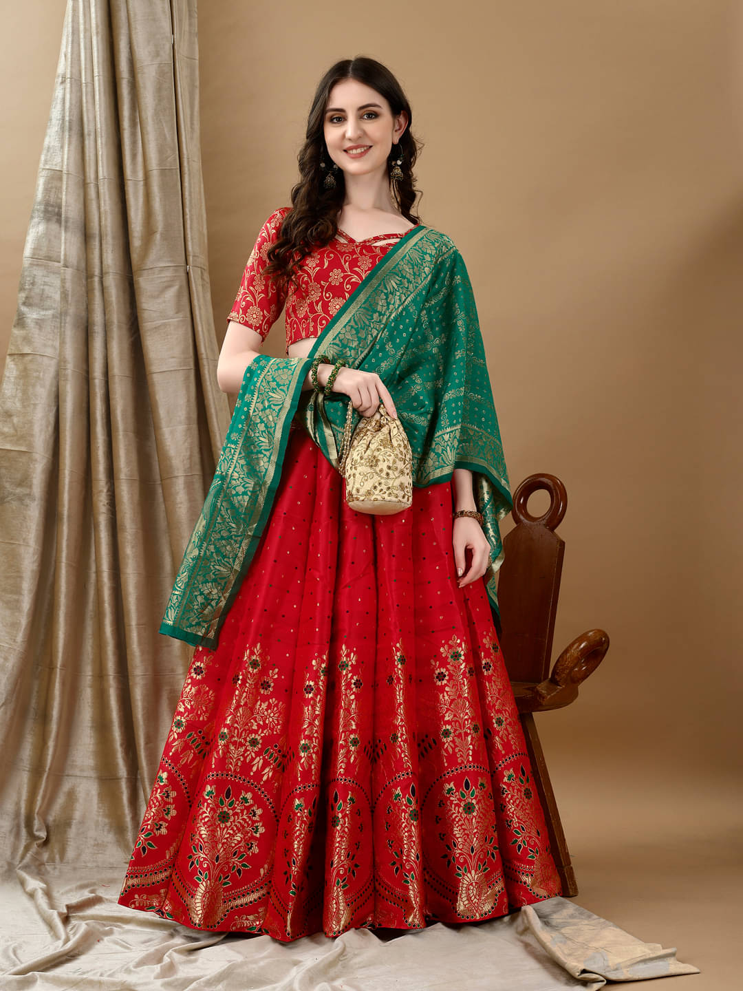     			Aika Red Art Silk Chaniya Choli Stitched Lehenga Single