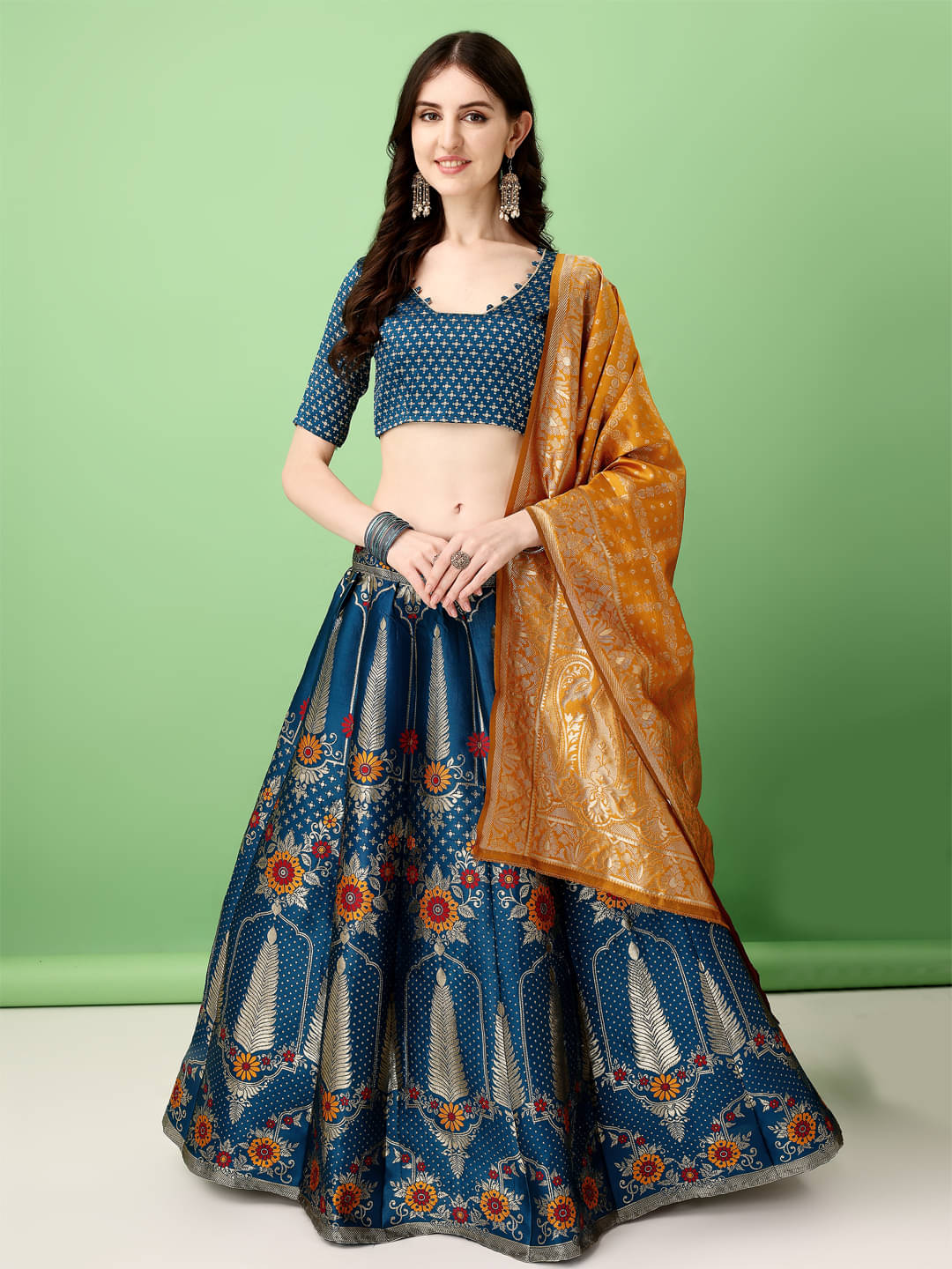     			Apnisha Blue Art Silk Chaniya Choli Stitched Lehenga Single
