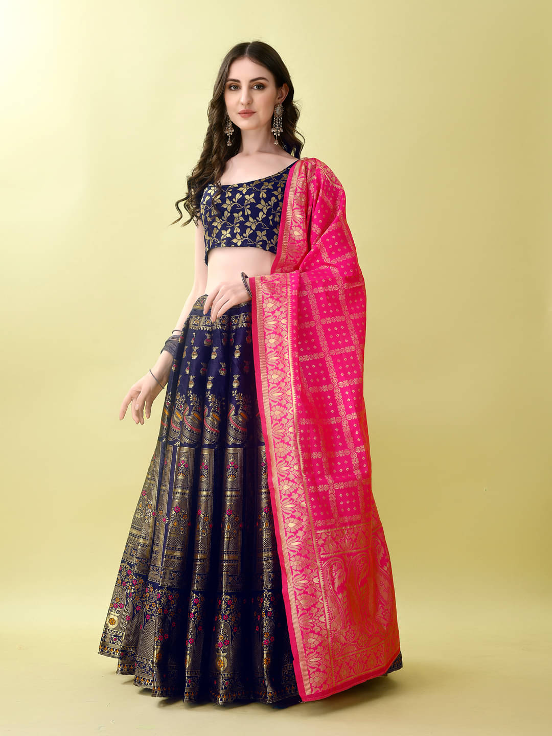     			Apnisha Navy Art Silk Chaniya Choli Stitched Lehenga Single