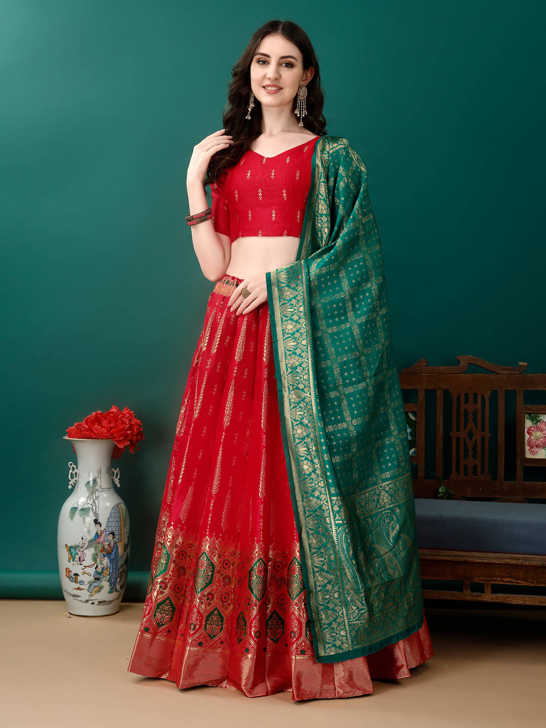     			Apnisha Red Art Silk Chaniya Choli Stitched Lehenga Single