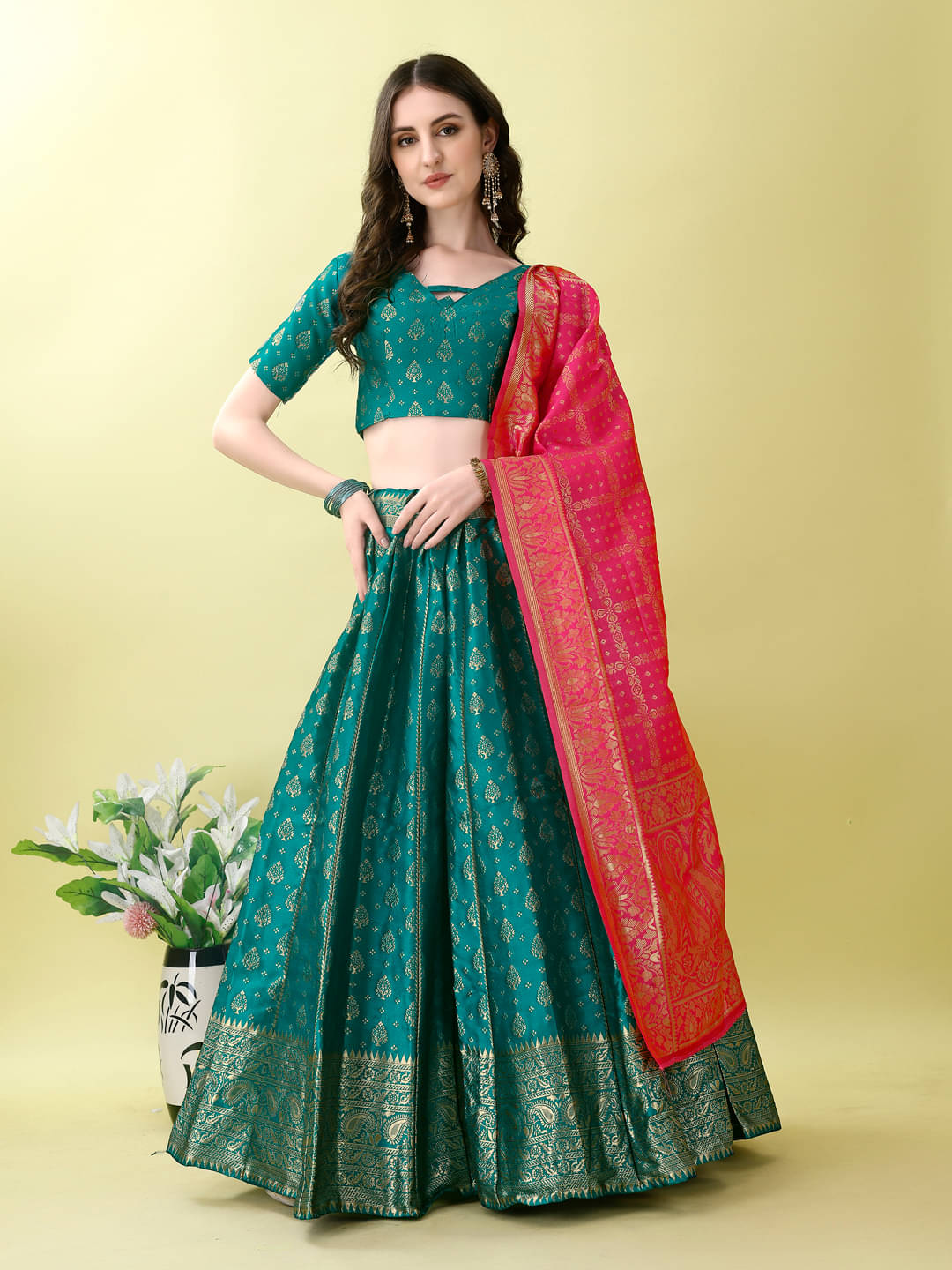     			Apnisha Turquoise Art Silk Chaniya Choli Stitched Lehenga Single