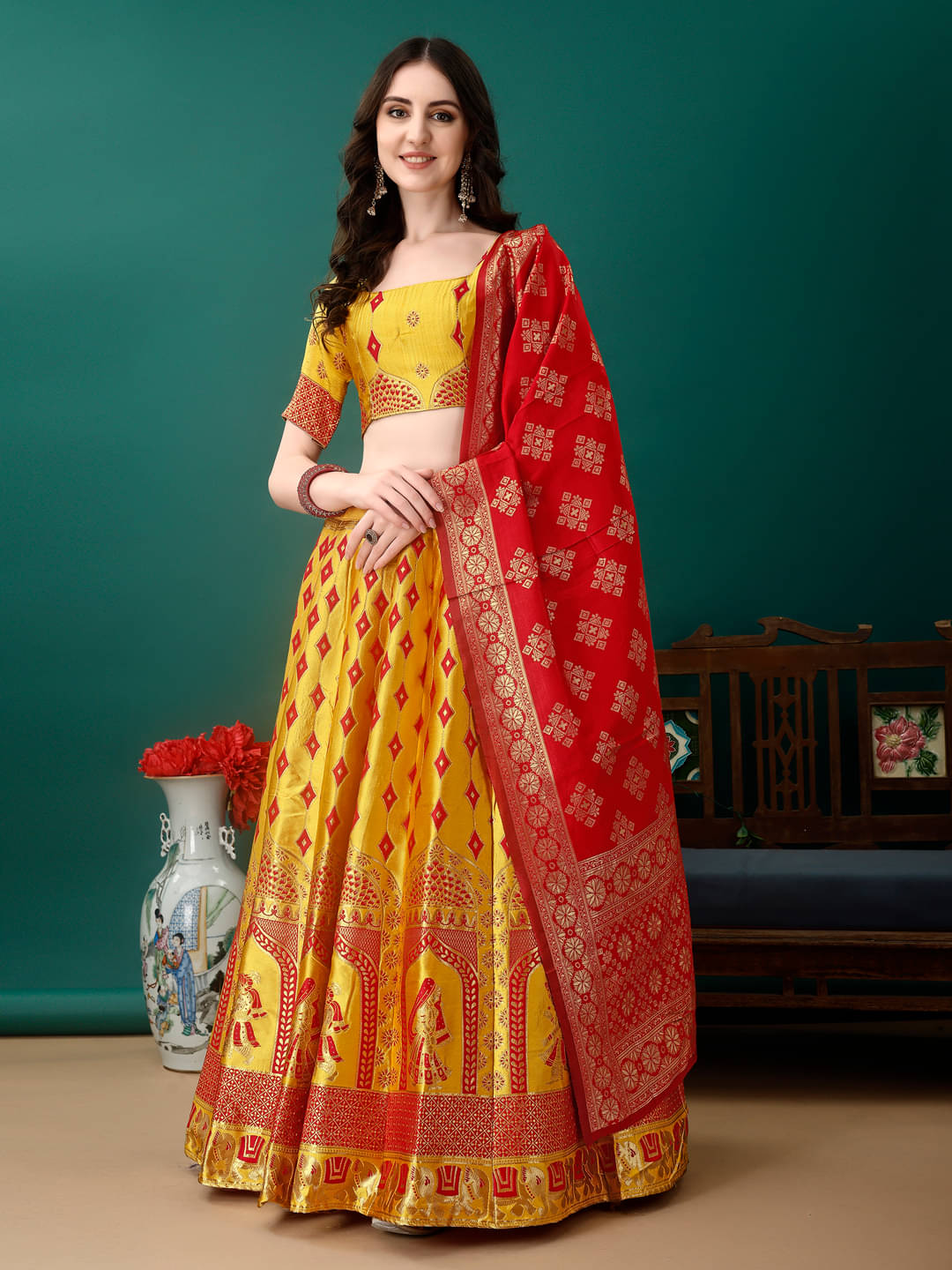     			Apnisha Yellow Art Silk Chaniya Choli Stitched Lehenga Single