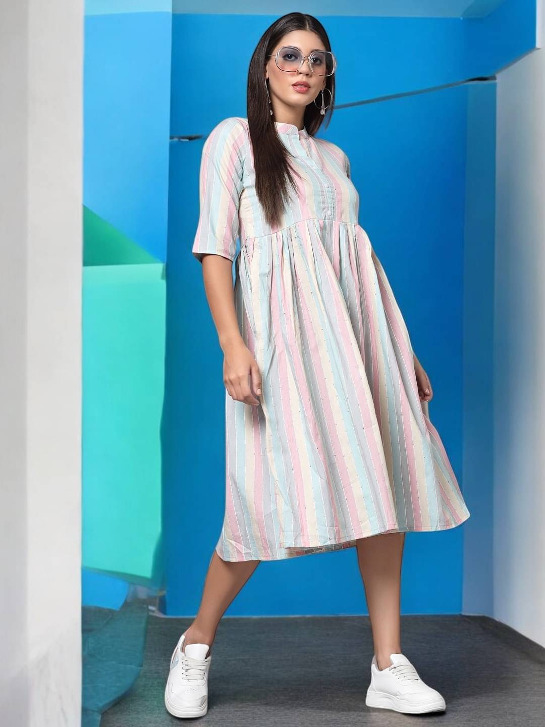     			BONISTA FASHION FOR ALL Women Cotton Striped A-line Dress ( Maroon )