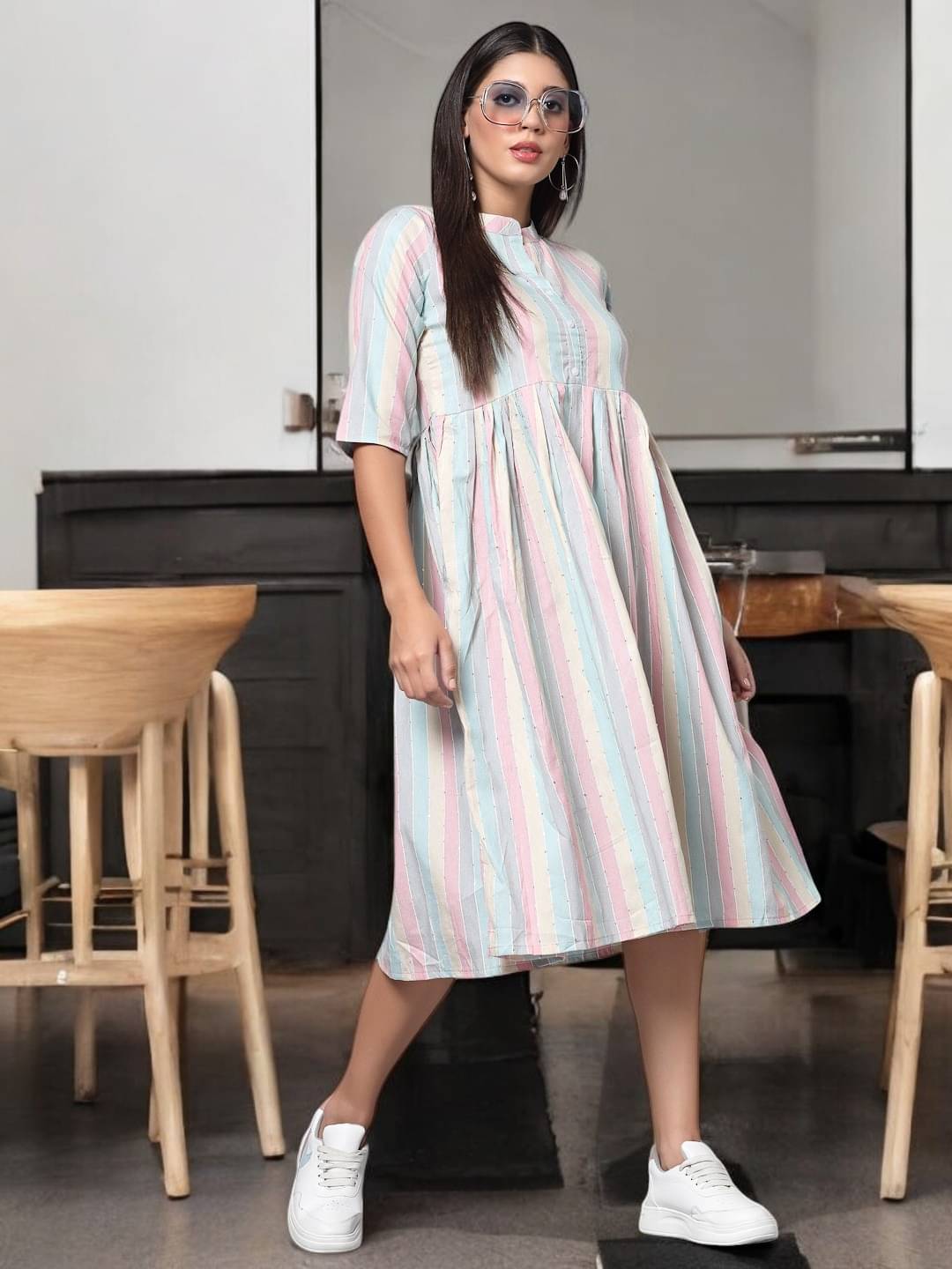    			BONISTA FASHION FOR ALL Women Cotton Striped A-line Dress ( White )