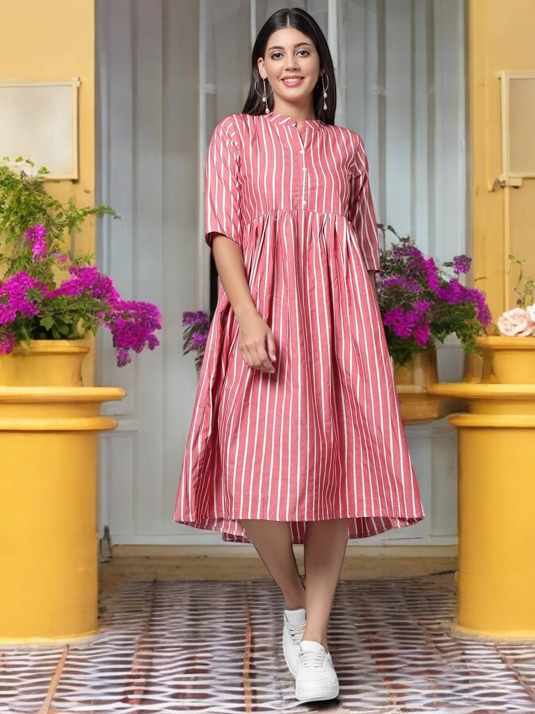 BONISTA FASHION FOR ALL Women Cotton Striped Anarkali Kurti ( Maroon ) BONISTA FASHION FOR ALL Women Cotton Striped Anarkali Kurti ( Maroon )