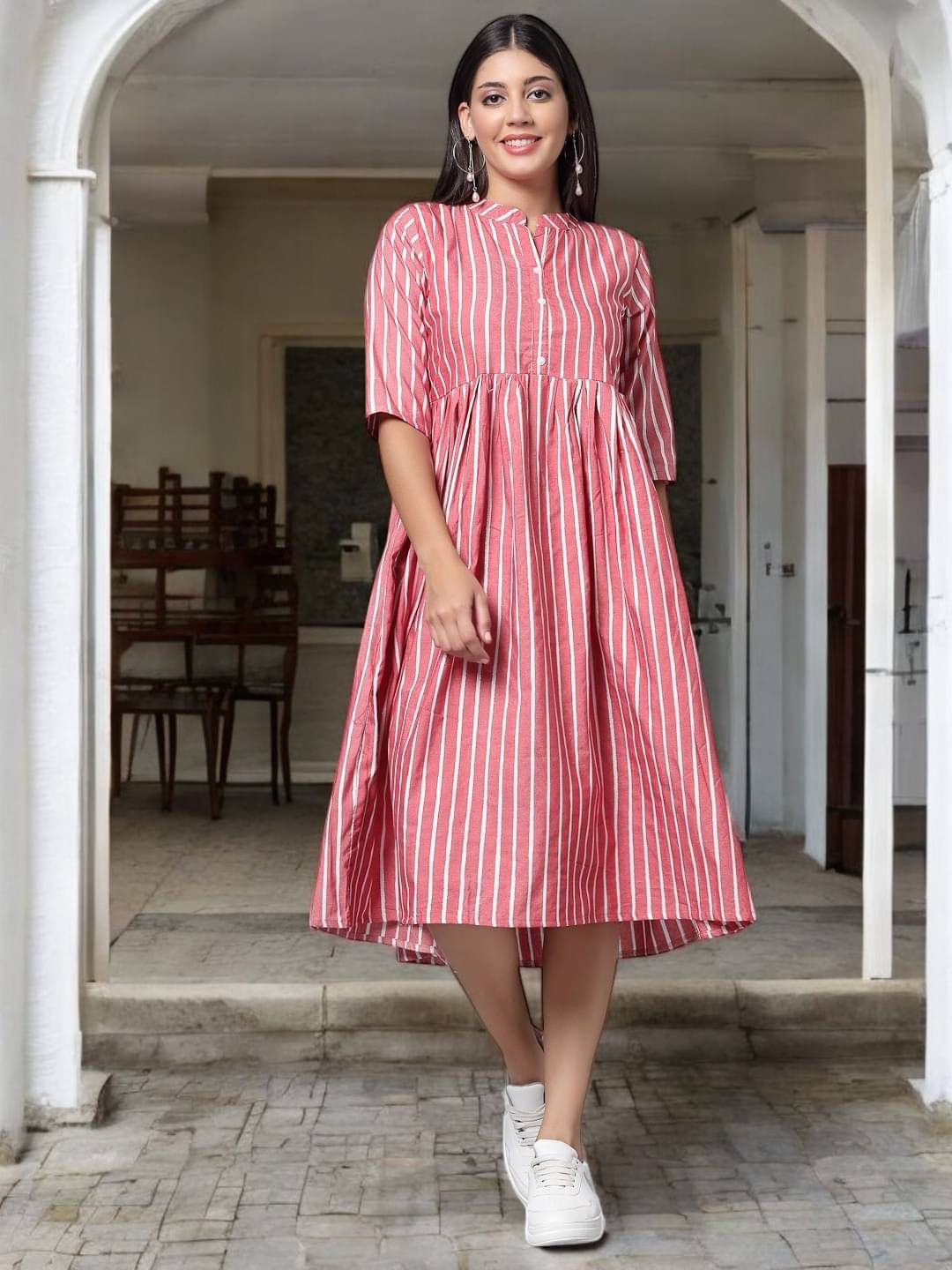 BONISTA FASHION FOR ALL Women Cotton Striped A-line Dress ( Pink )     			BONISTA FASHION FOR ALL Women Cotton Striped A-line Dress ( Pink )