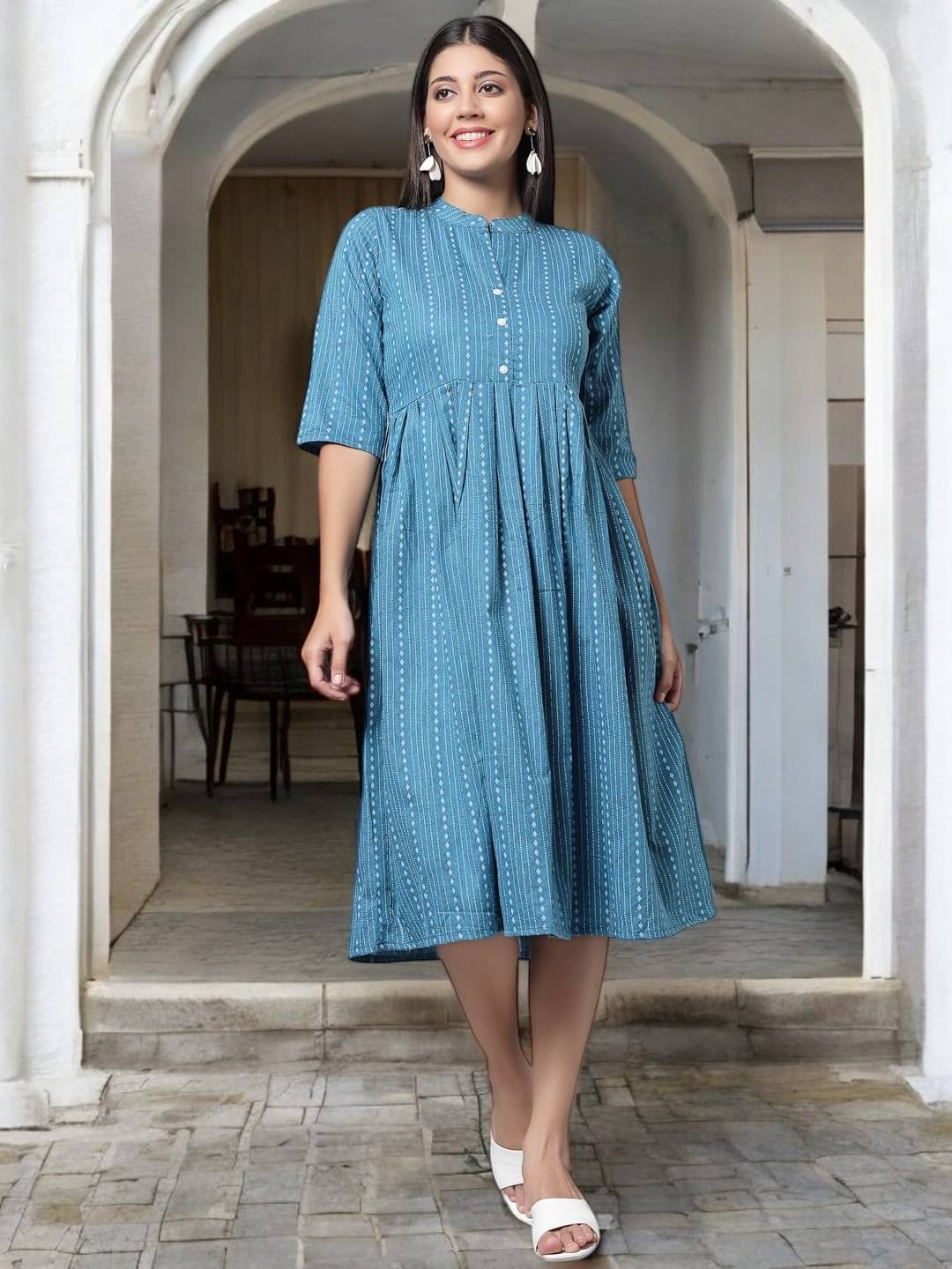     			BONISTA FASHION FOR ALL Women Cotton Striped A-line Dress ( Blue )
