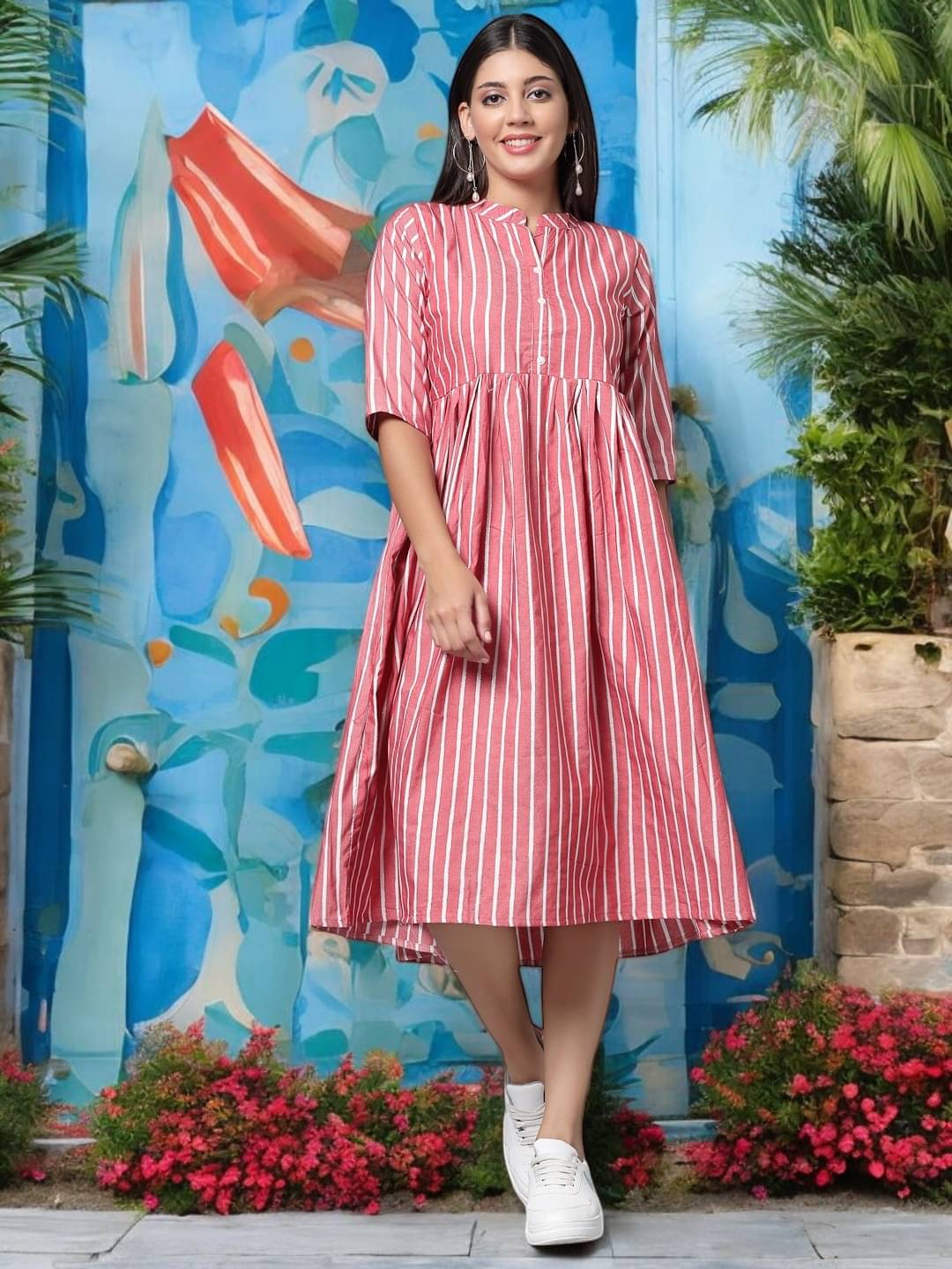 BONISTA FASHION FOR ALL Women Cotton Striped Anarkali Kurti ( Blue ) BONISTA FASHION FOR ALL Women Cotton Striped Anarkali Kurti ( Blue )
