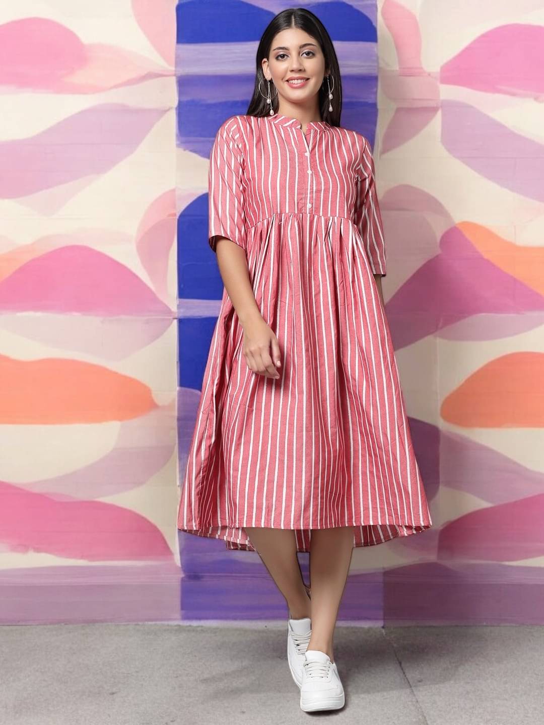     			BONISTA FASHION FOR ALL Women Cotton Striped A-line Dress ( Pink )
