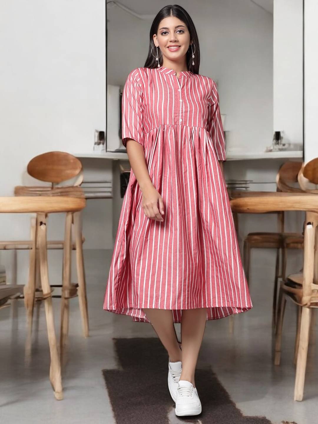BONISTA FASHION FOR ALL Women Cotton Striped Anarkali Kurti ( Pink ) BONISTA FASHION FOR ALL Women Cotton Striped Anarkali Kurti ( Pink )
