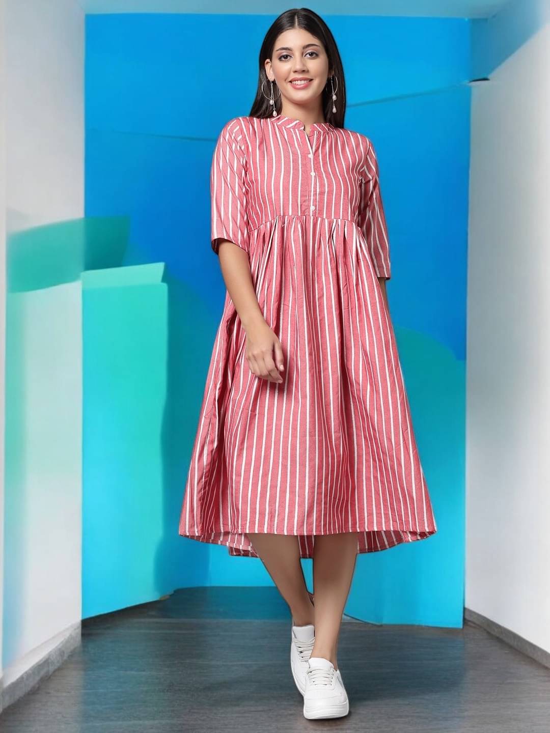     			BONISTA FASHION FOR ALL Women Cotton Striped A-line Dress ( White )