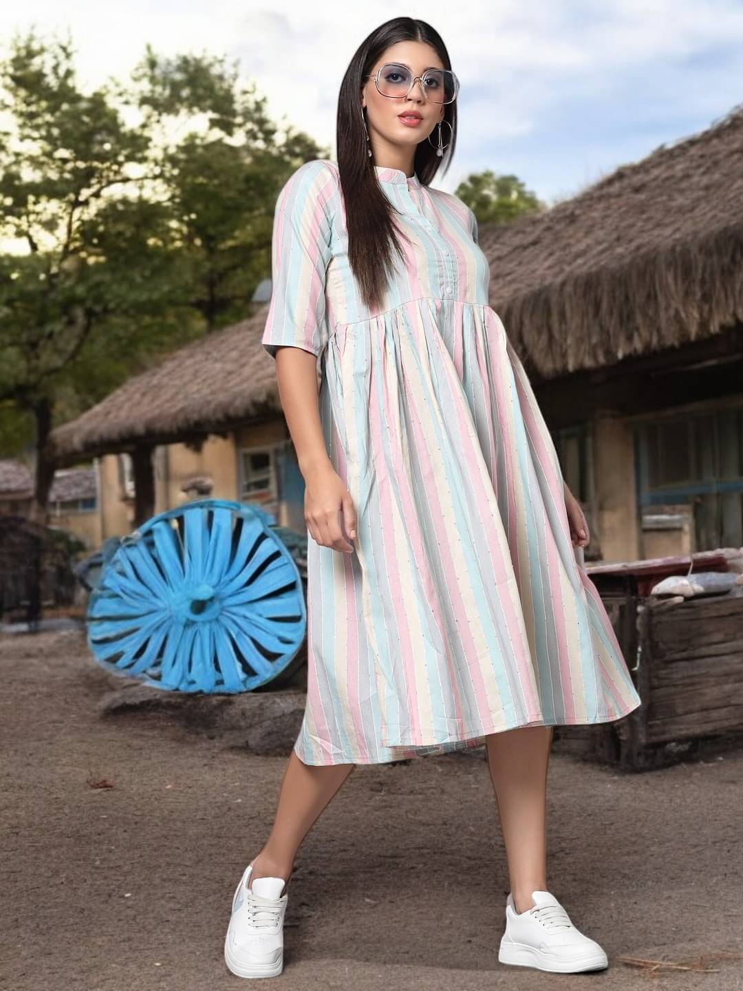     			BONISTA FASHION FOR ALL Women Cotton Striped A-line Dress ( White )