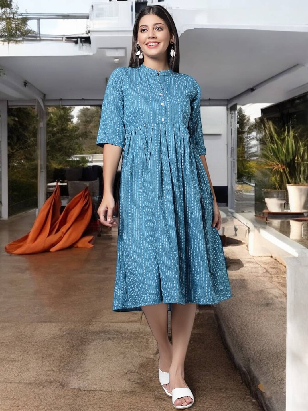     			BONISTA FASHION FOR ALL Women Cotton Striped A-line Dress ( Blue )