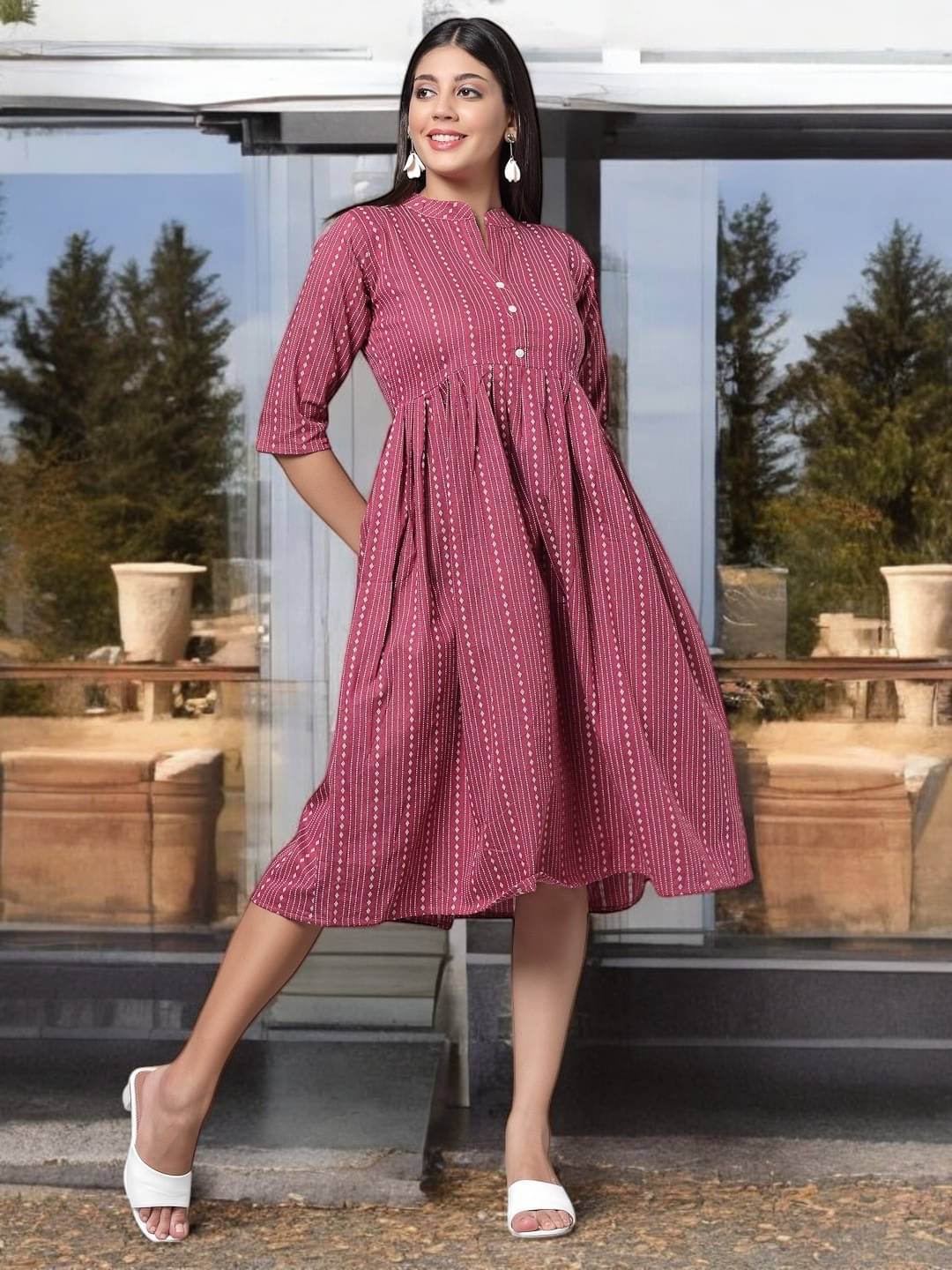     			BONISTA FASHION FOR ALL Women Cotton Striped A-line Dress ( White )
