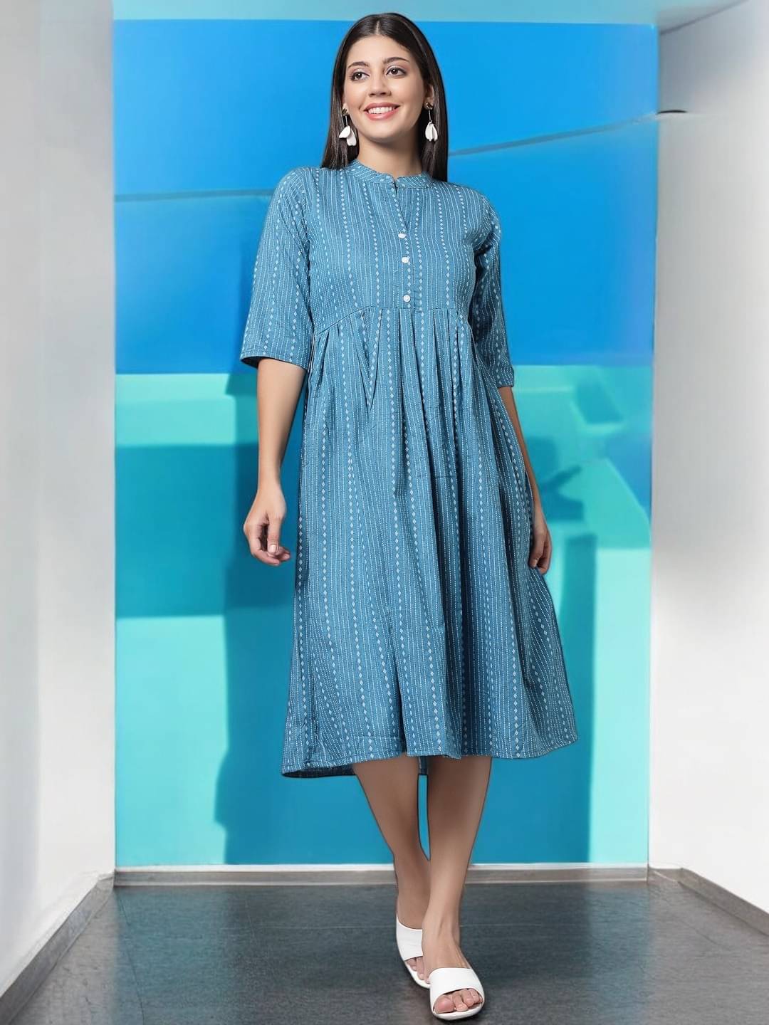 BONISTA FASHION FOR ALL Women Cotton Striped A-line Dress ( Blue ) BONISTA FASHION FOR ALL Women Cotton Striped A-line Dress ( Blue )