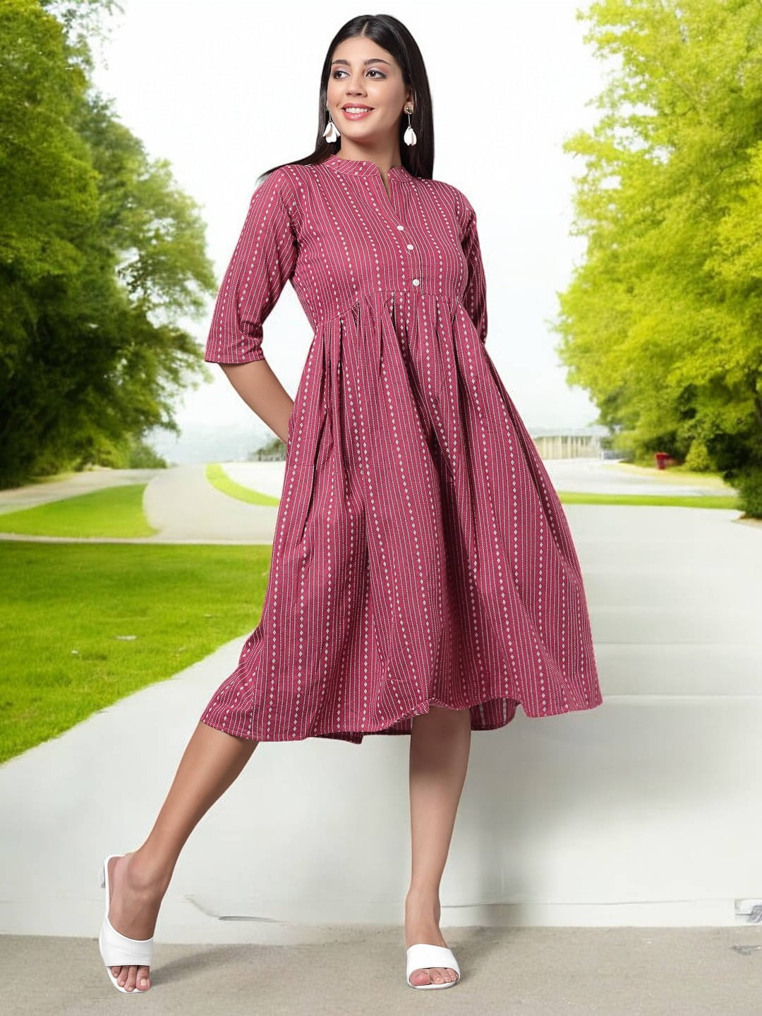     			BONISTA FASHION FOR ALL Women Cotton Striped A-line Dress ( White )