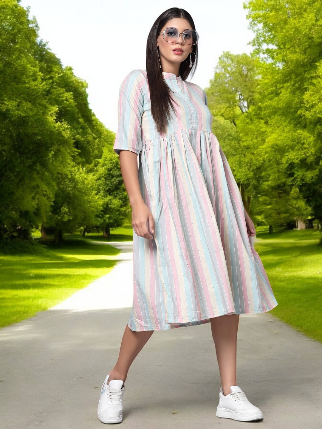     			BONISTA FASHION FOR ALL Women Cotton Striped A-line Dress ( Blue )