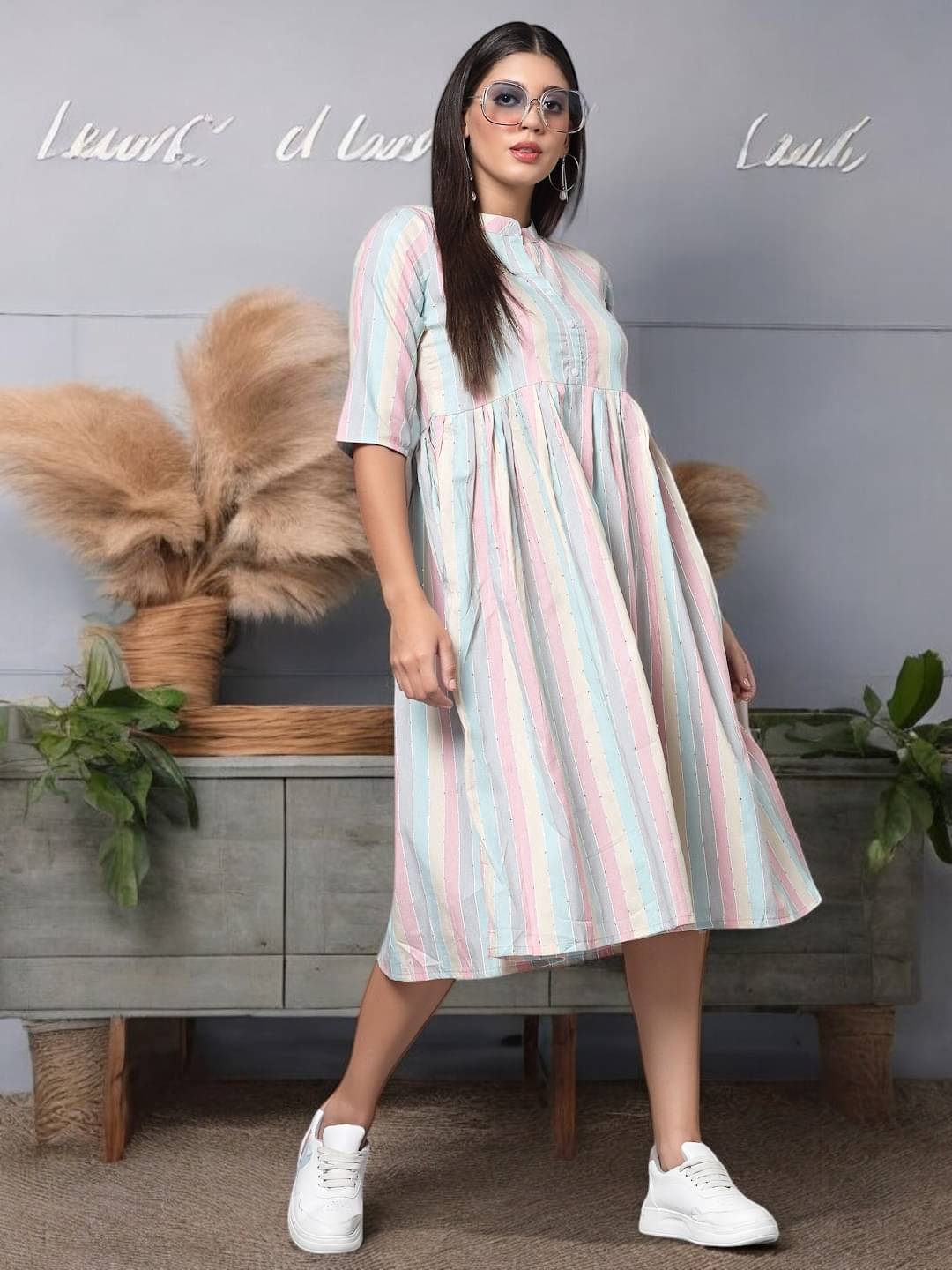     			BONISTA FASHION FOR ALL Women Cotton Striped A-line Dress ( Blue )