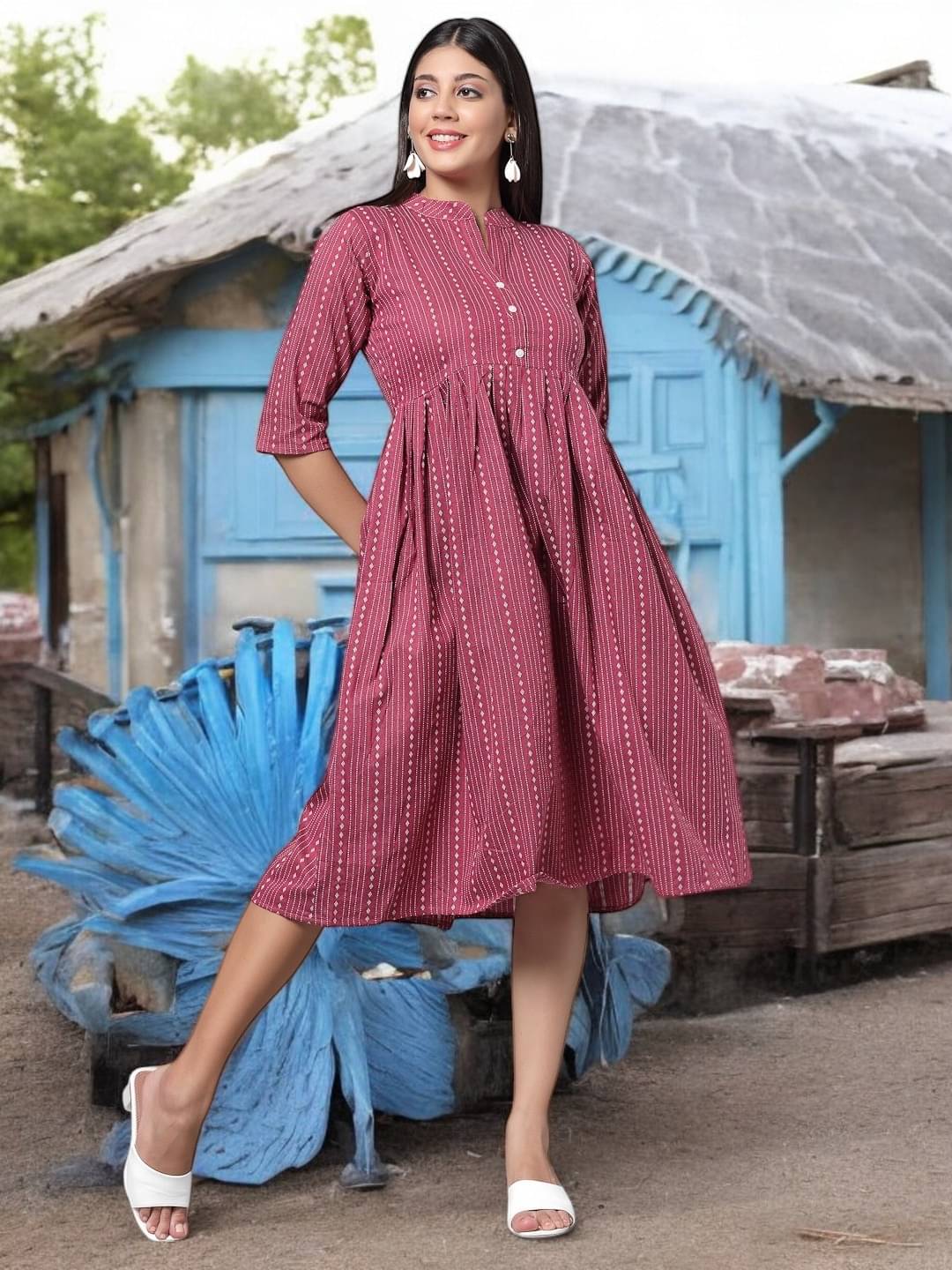     			BONISTA FASHION FOR ALL Women Cotton Striped A-line Dress ( White )