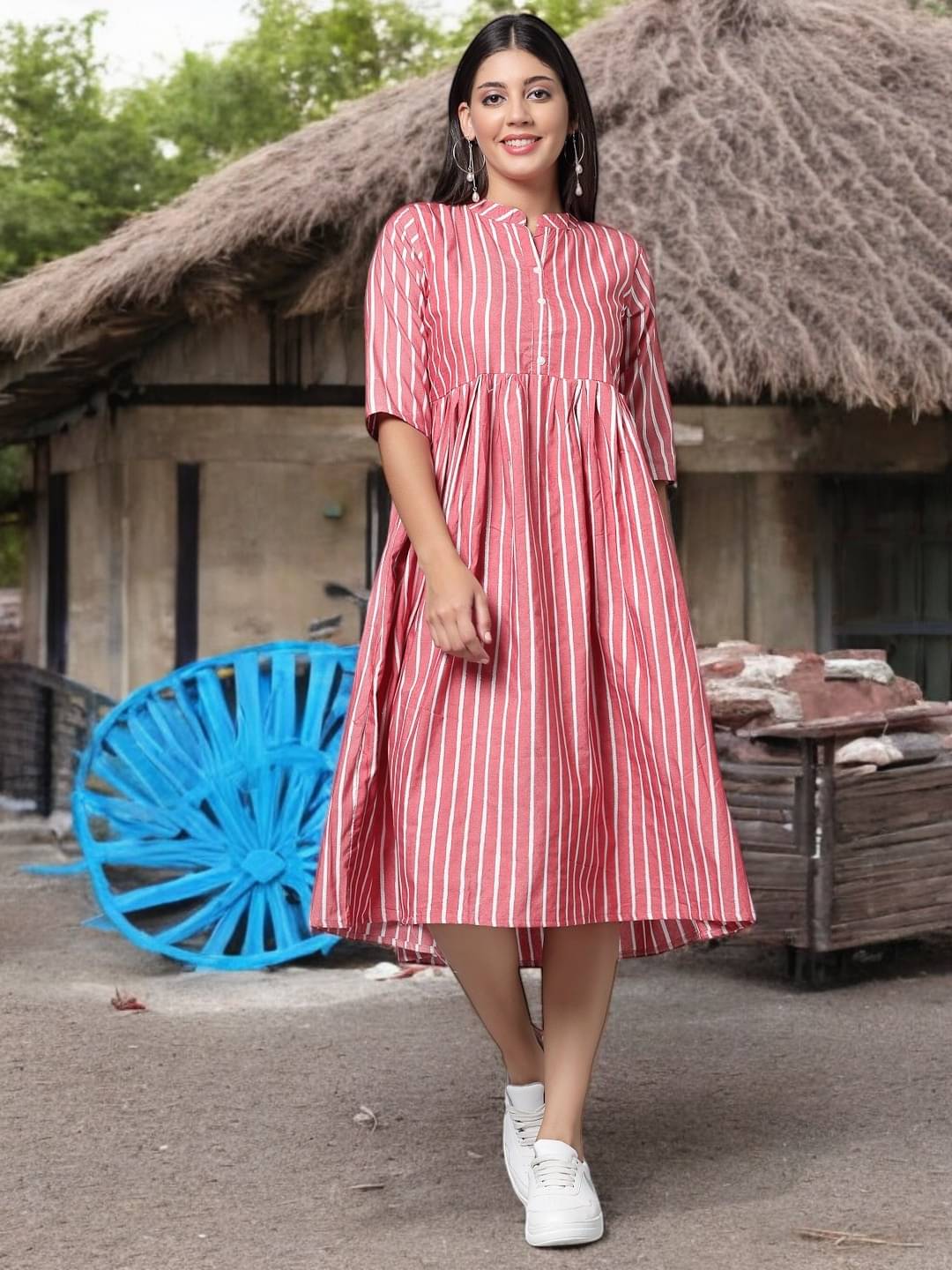     			BONISTA FASHION FOR ALL Women Cotton Striped A-line Dress ( White )