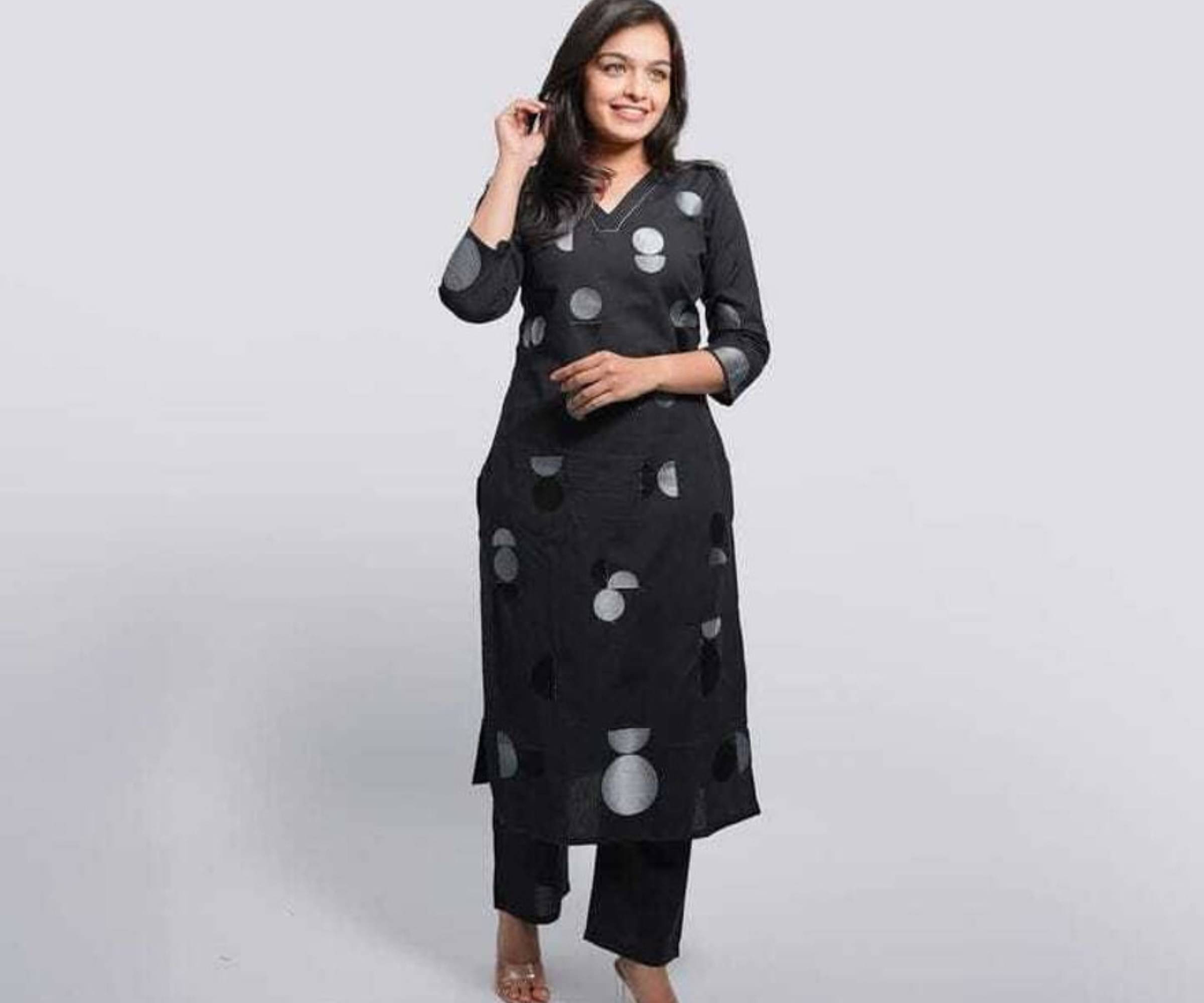 Fashion Klub Women Cotton Printed A-line Kurti With Pants ( Black ) Fashion Klub Women Cotton Printed A-line Kurti With Pants ( Black )