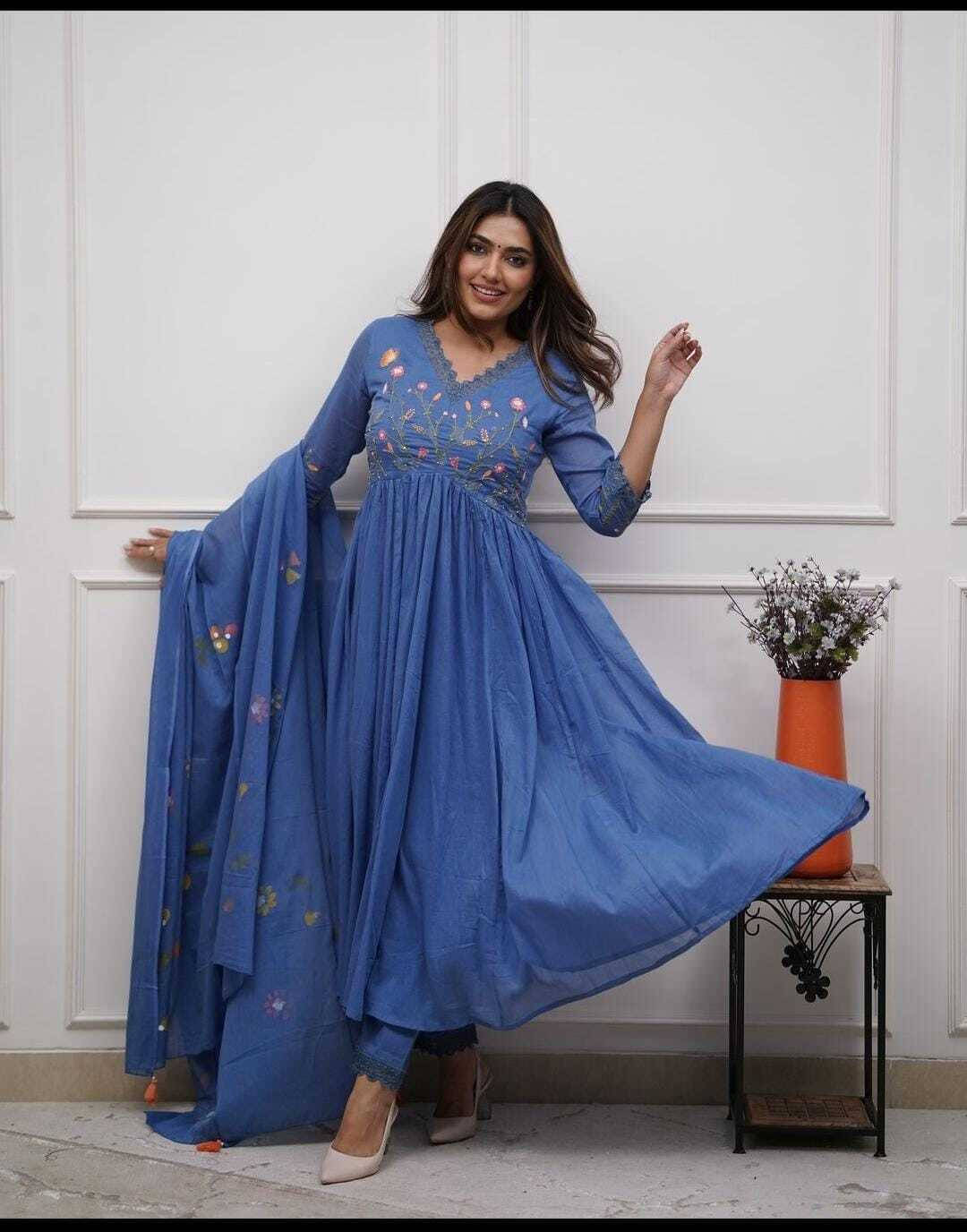     			Fashion Klub Women Cotton Printed Anarkali Kurti With Pants ( Blue )