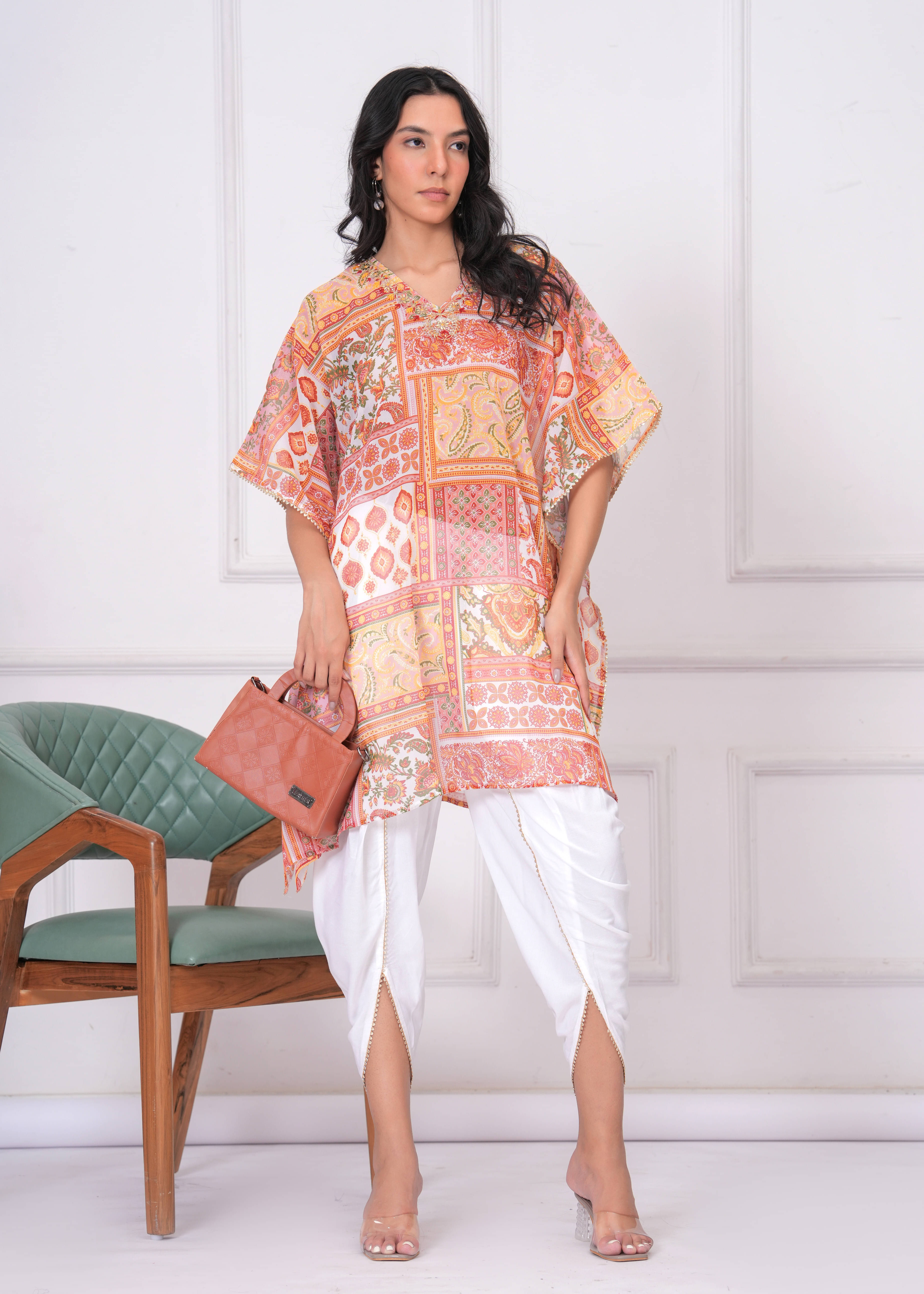     			JC4U Women Rayon Printed Kaftan Kurti With Harems Pants ( Orange )