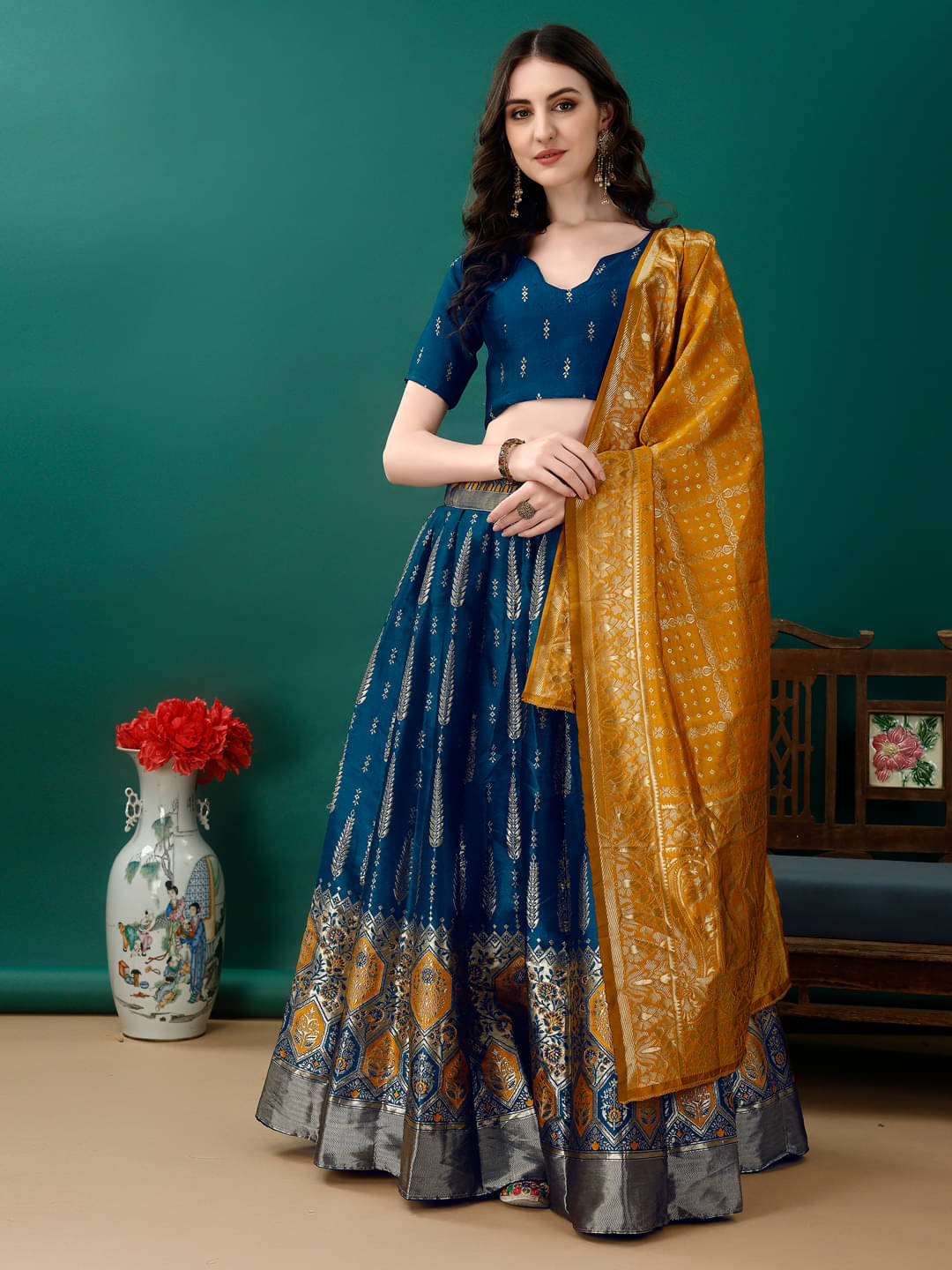 JULEE Blue Art Silk Chaniya Choli Stitched Lehenga Single     			JULEE Blue Art Silk Chaniya Choli Stitched Lehenga Single