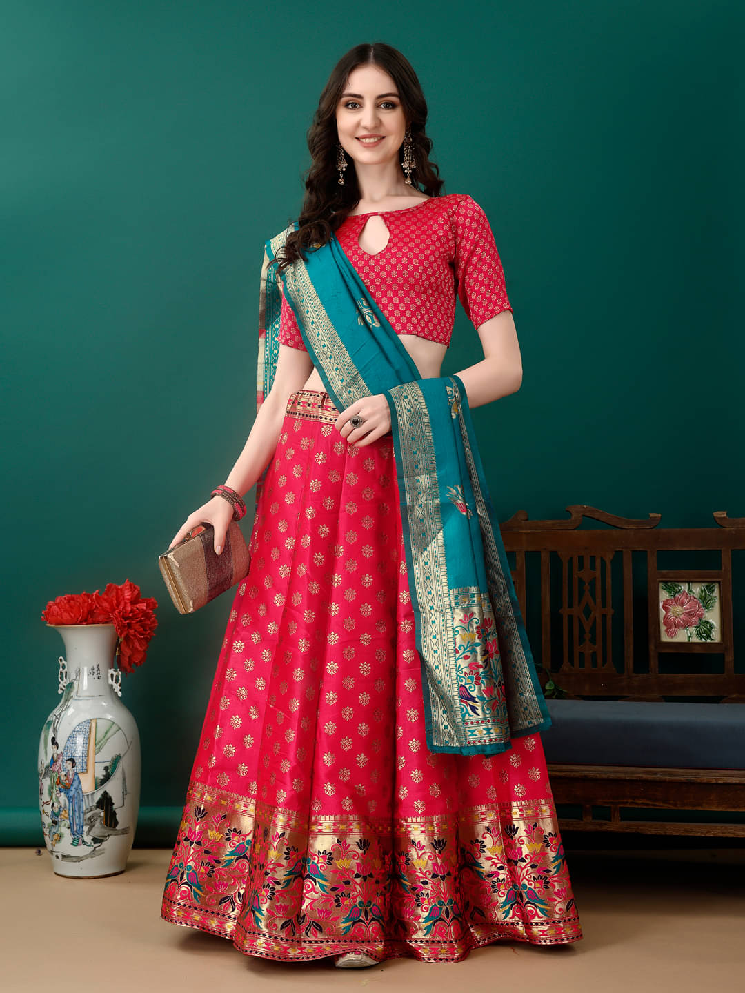     			JULEE Pink Art Silk Chaniya Choli Stitched Lehenga Single